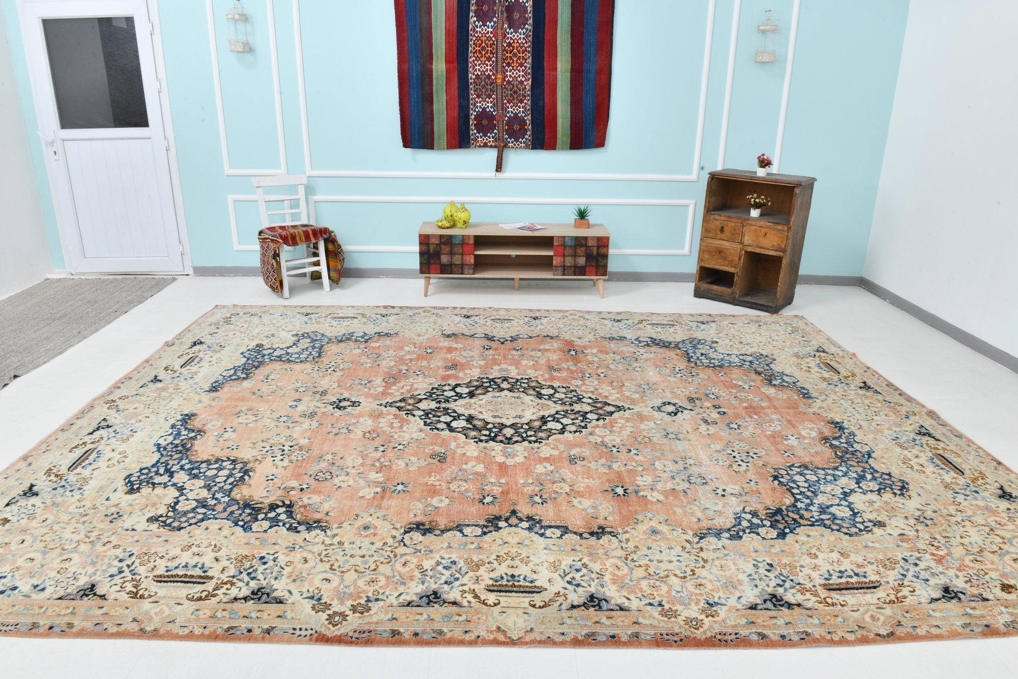 10’6’’ x 13’9’’ ft Vintage Persian Style Rug Cream Orange