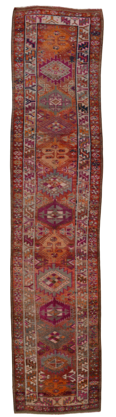Long, narrow patterned rug with geometric designs on a plain background