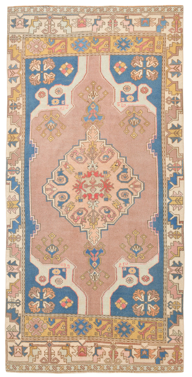 Turkish vintage multicolor rug, Blue and beige dominant color