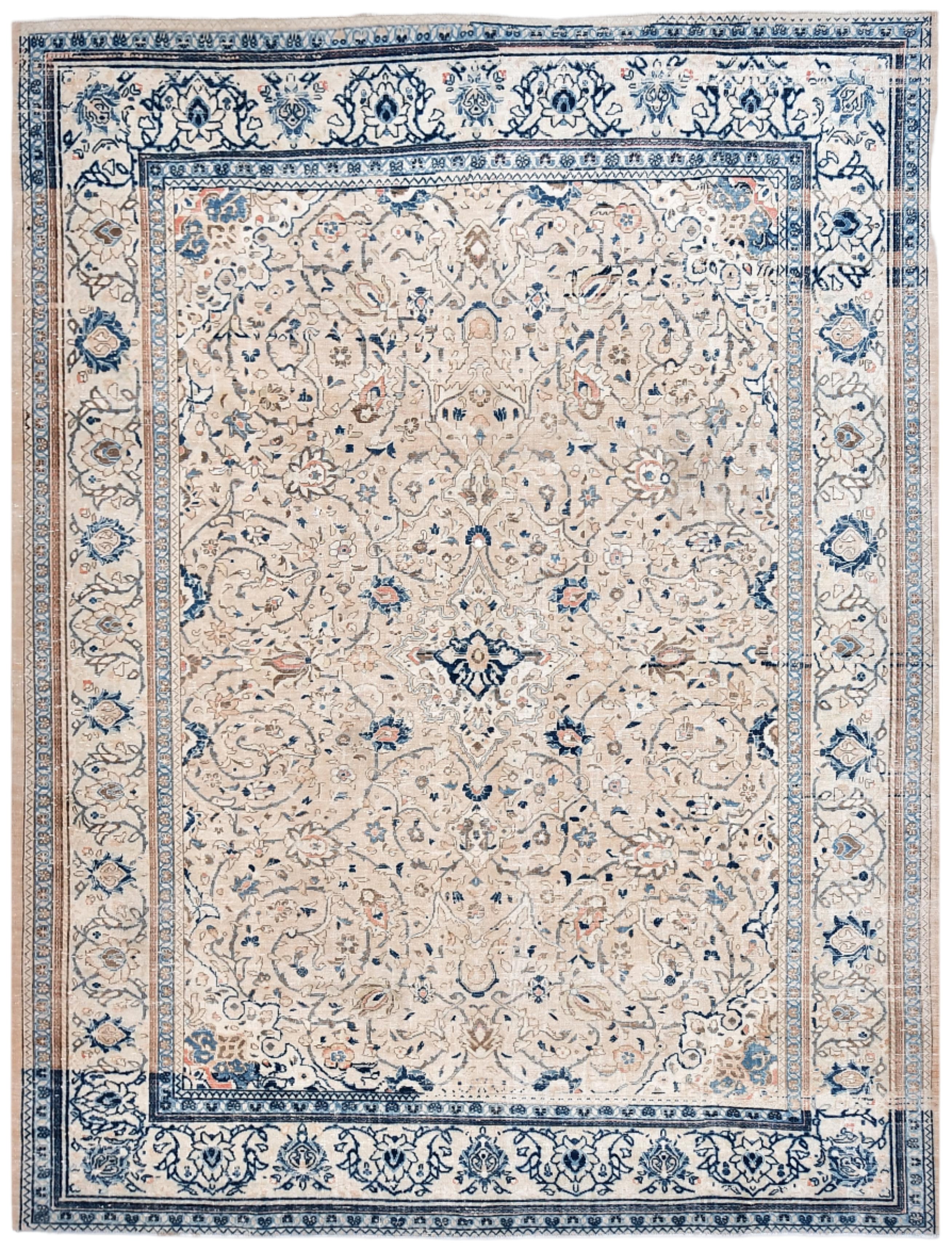 Decorative Persian-style rug with intricate patterns and a border on a white background