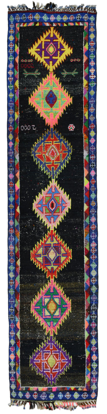 Colorful geometric patterned rug with a black background