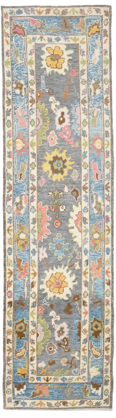 Decorative rug with floral patterns on a blue background
