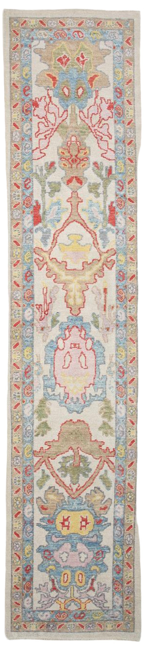 Decorative runner rug with intricate patterns in pastel colors on a white background