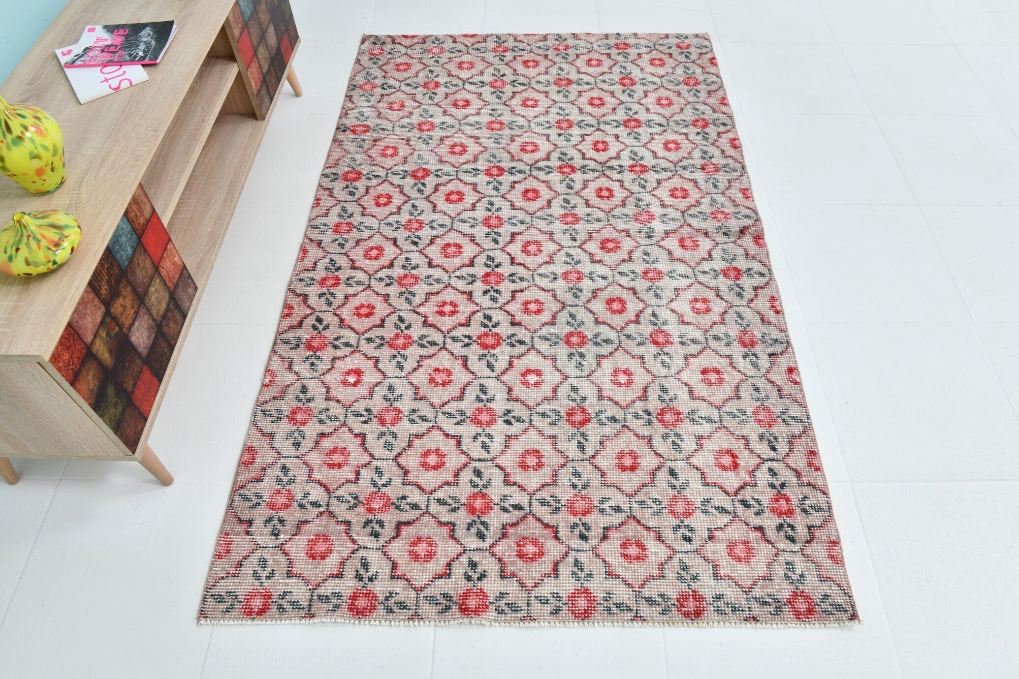 3’11’ x 6’4’ Turkish Vintage Rug Red,Floral