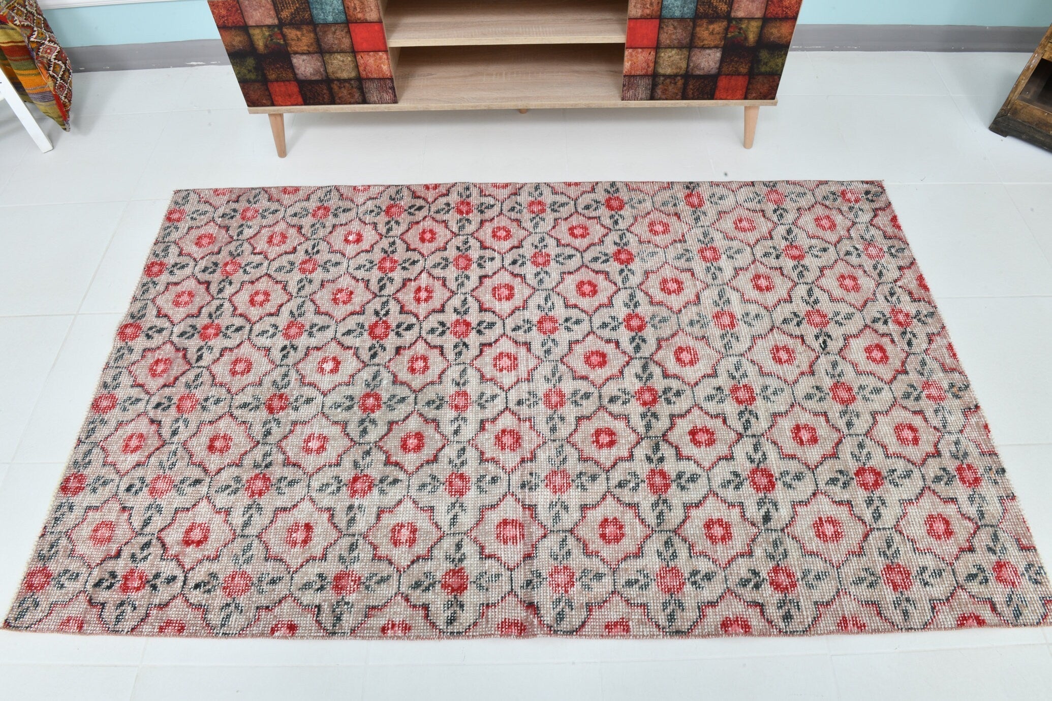 3’11’ x 6’4’ Turkish Vintage Rug Red,Floral