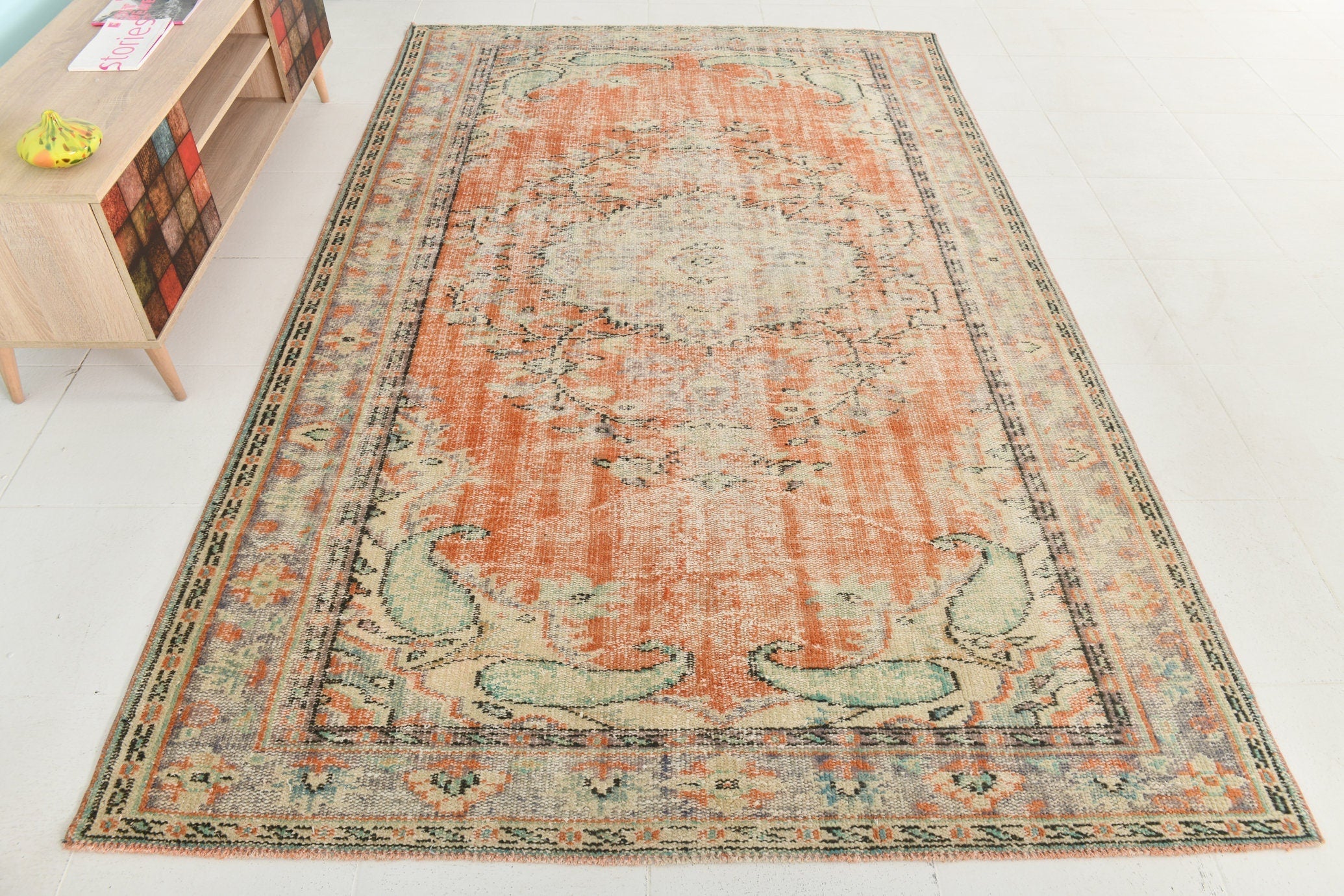 5’10’’ x 9’4’’ Turkish Vintage Rug Orange Beige