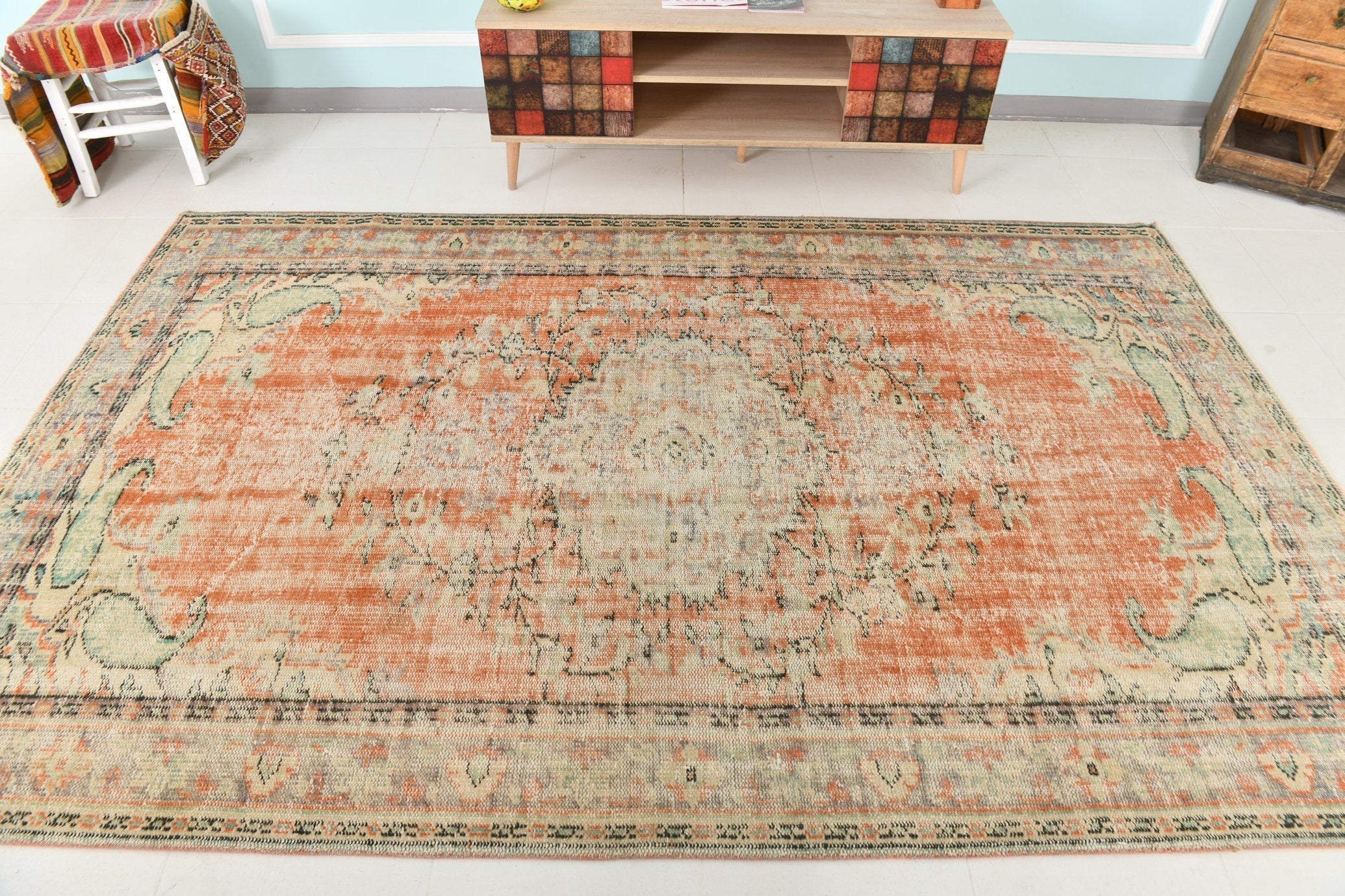 5’10’’ x 9’4’’ Turkish Vintage Rug Orange Beige
