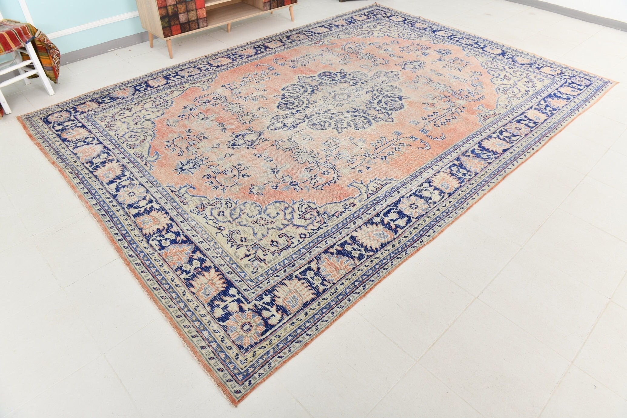 8’4’’ x 11’11’’ Turkish Vintage Rug Light Blue Beige Dark blue