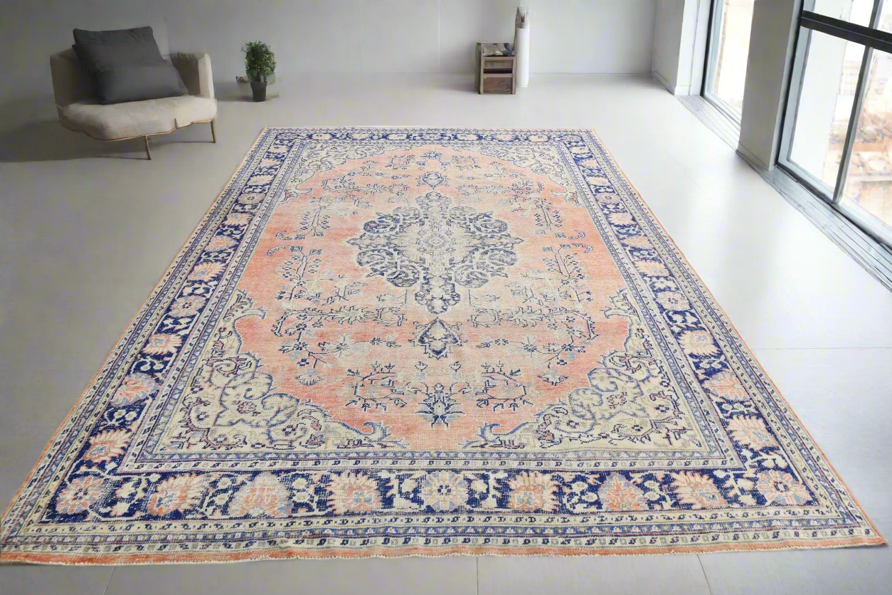 Turkish Vintage Rug Light Blue, Beige, Dark blue