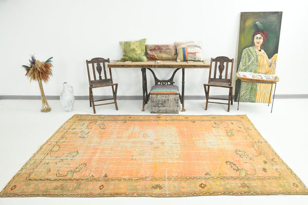 Vintage Pumpkin Orange Terracota Hand Woven Rug Geometric Border 5'11" x 9'5" ft