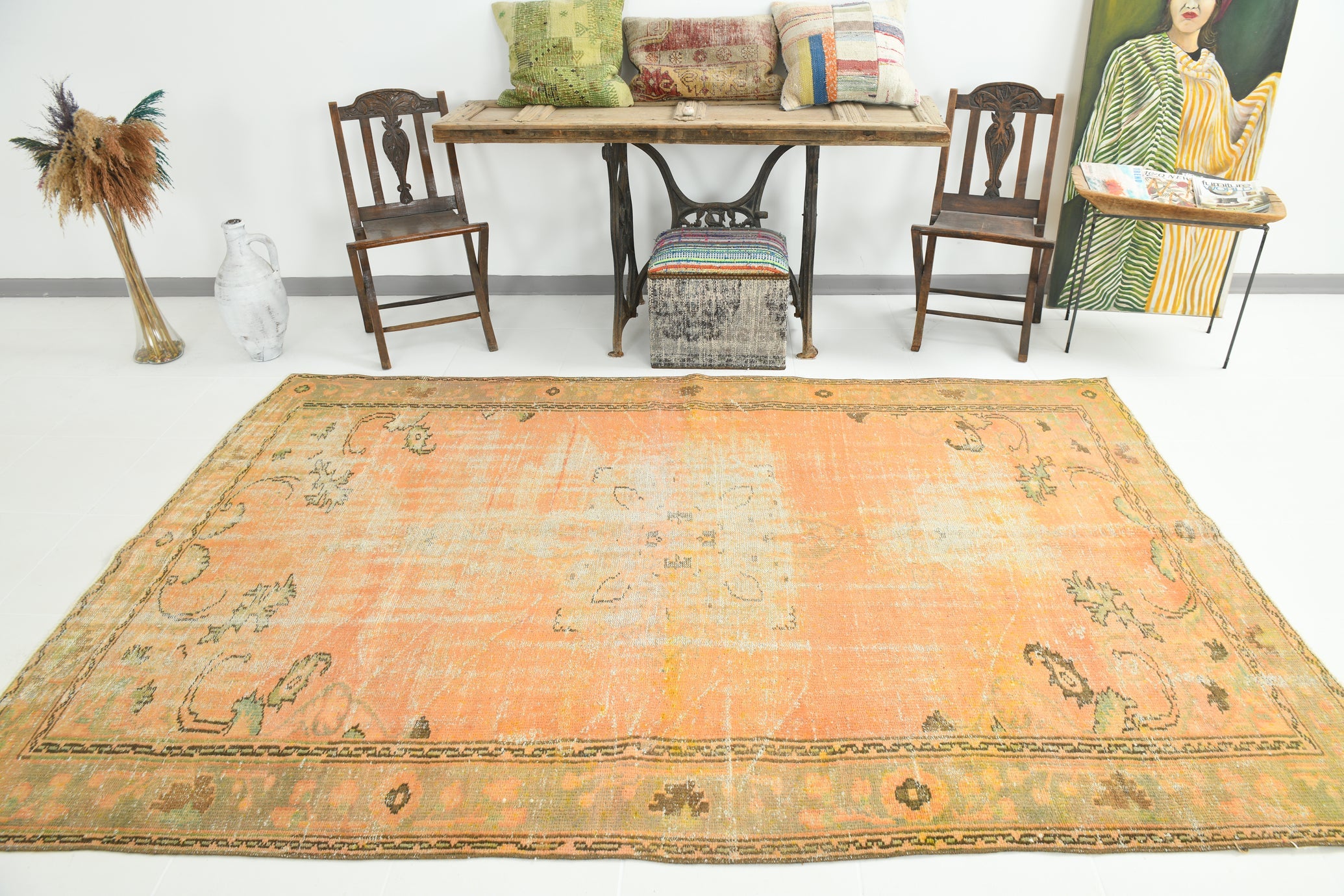Vintage Pumpkin Orange Terracota Hand Woven Rug Geometric Border 5'11" x 9'5" ft