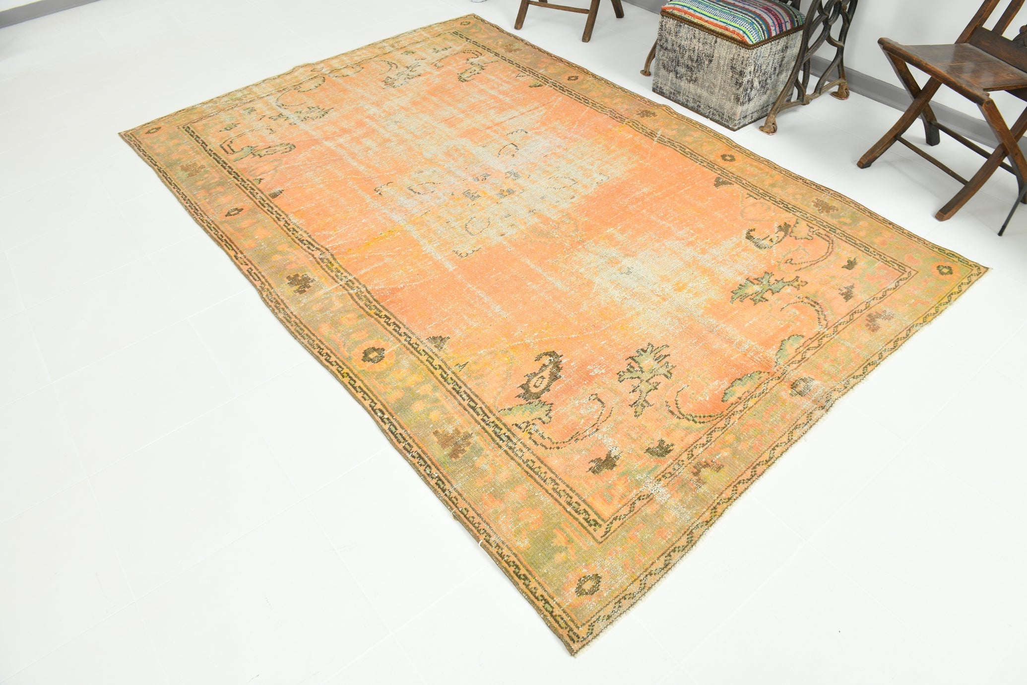 Vintage Pumpkin Orange Terracota Hand Woven Rug Geometric Border 5'11" x 9'5" ft