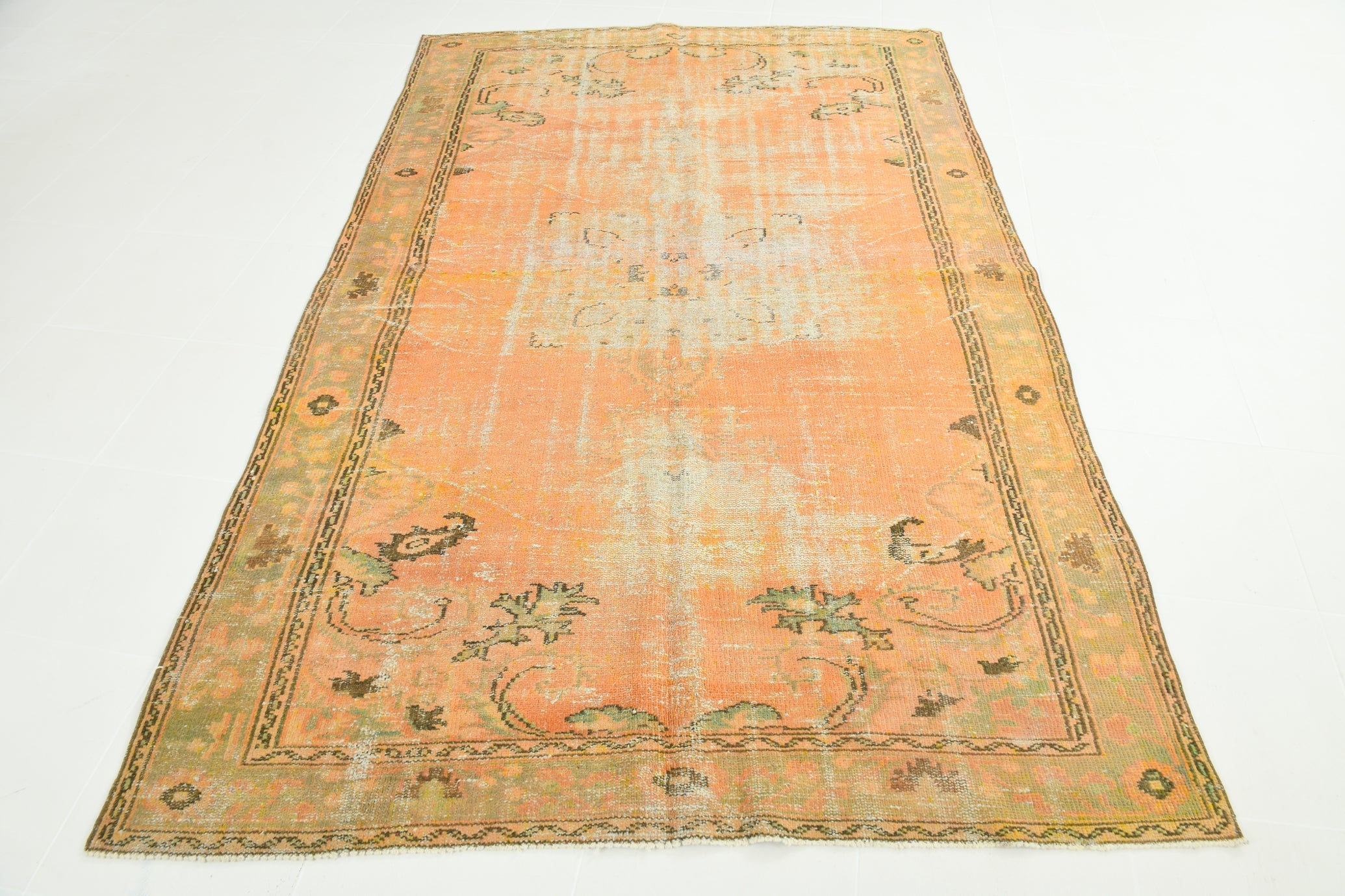 Vintage Pumpkin Orange Terracota Hand Woven Rug Geometric Border 5'11" x 9'5" ft