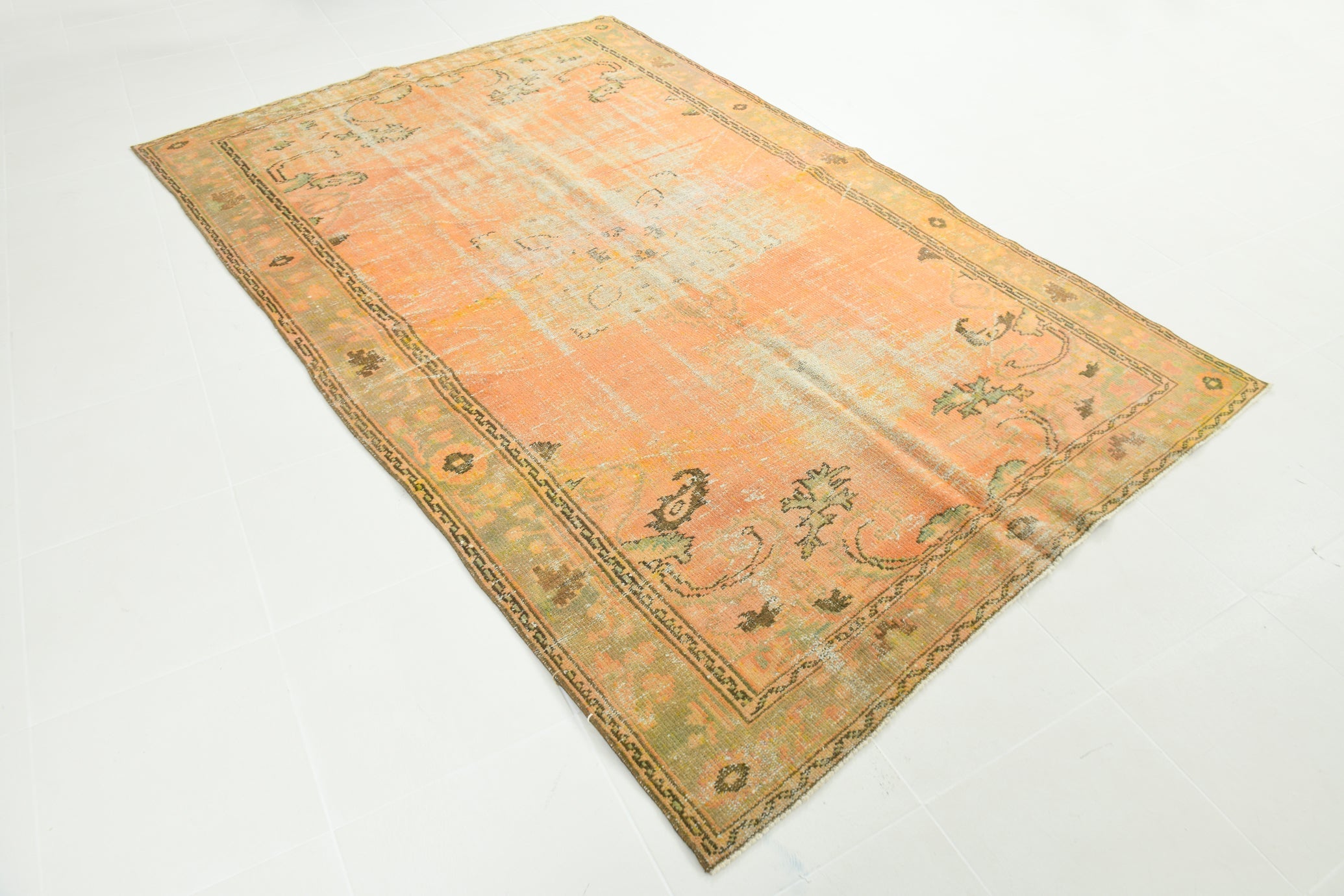 Vintage Pumpkin Orange Terracota Hand Woven Rug Geometric Border 5'11" x 9'5" ft