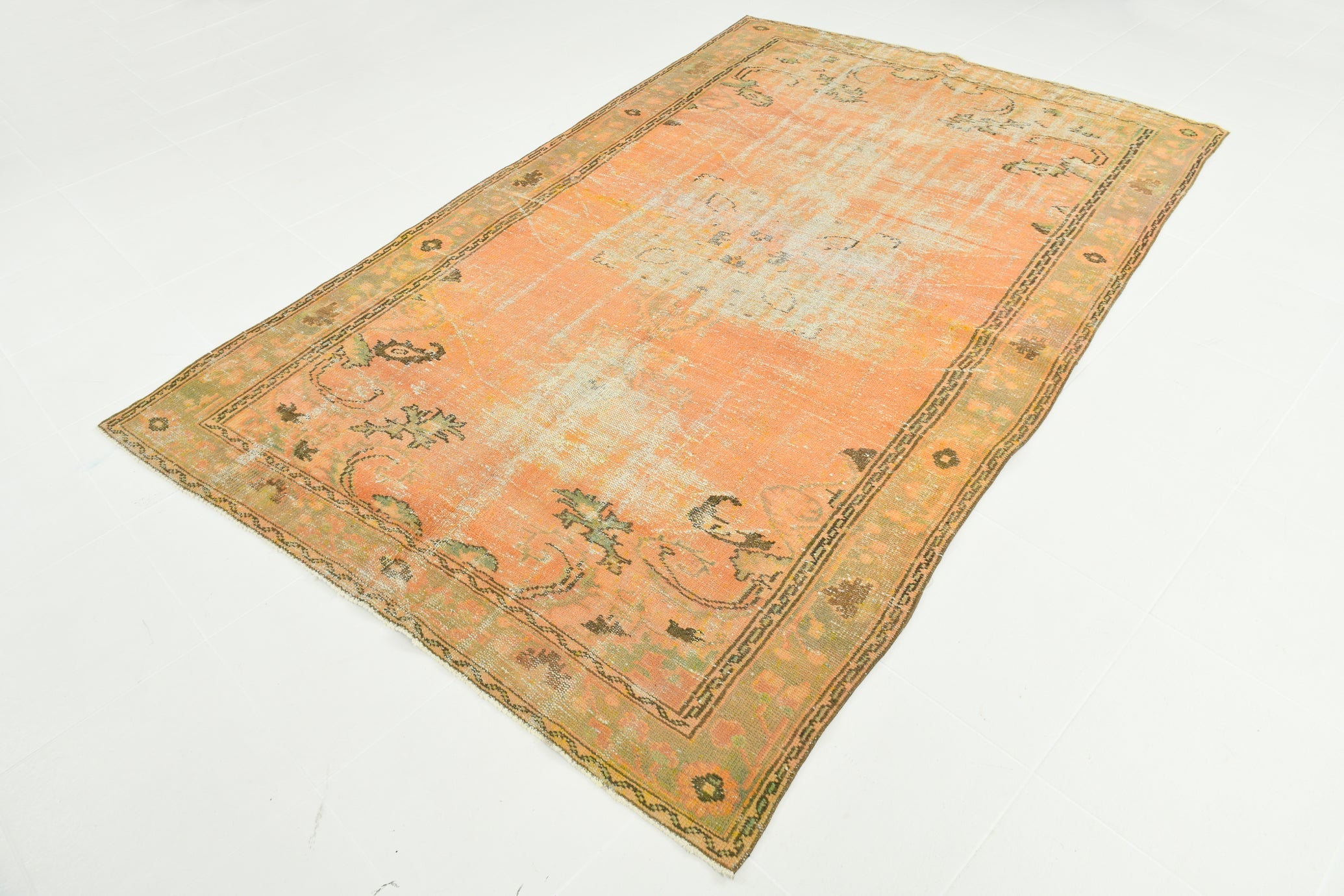 Vintage Pumpkin Orange Terracota Hand Woven Rug Geometric Border 5'11" x 9'5" ft