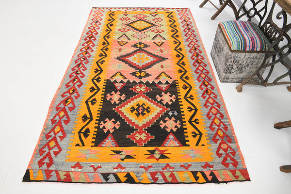 Vintage Tukish Kilim Anatolian Geometric, Yellow 4'8" x 8'4" ft