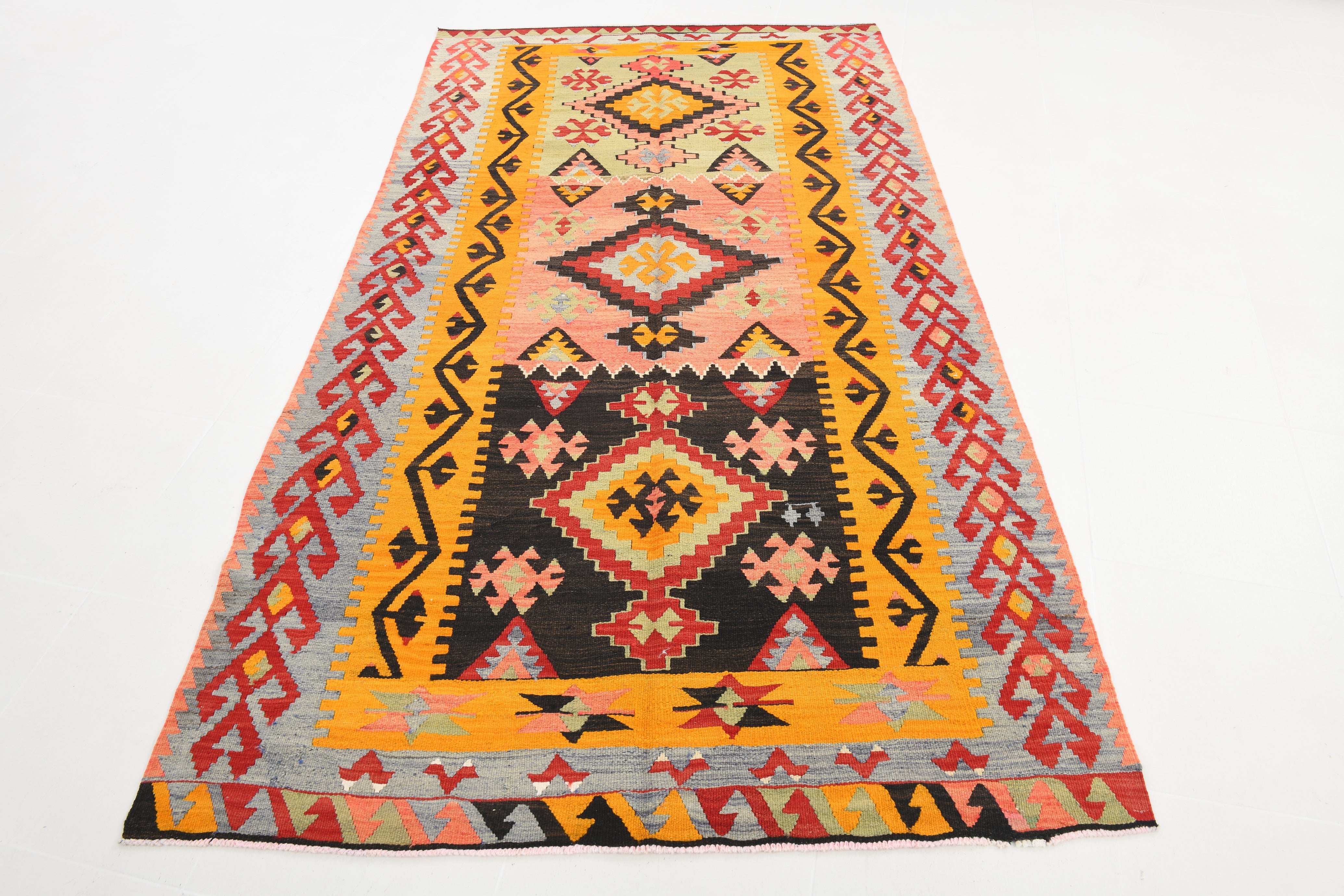 Vintage Tukish Kilim Anatolian Geometric, Yellow 4'8" x 8'4" ft