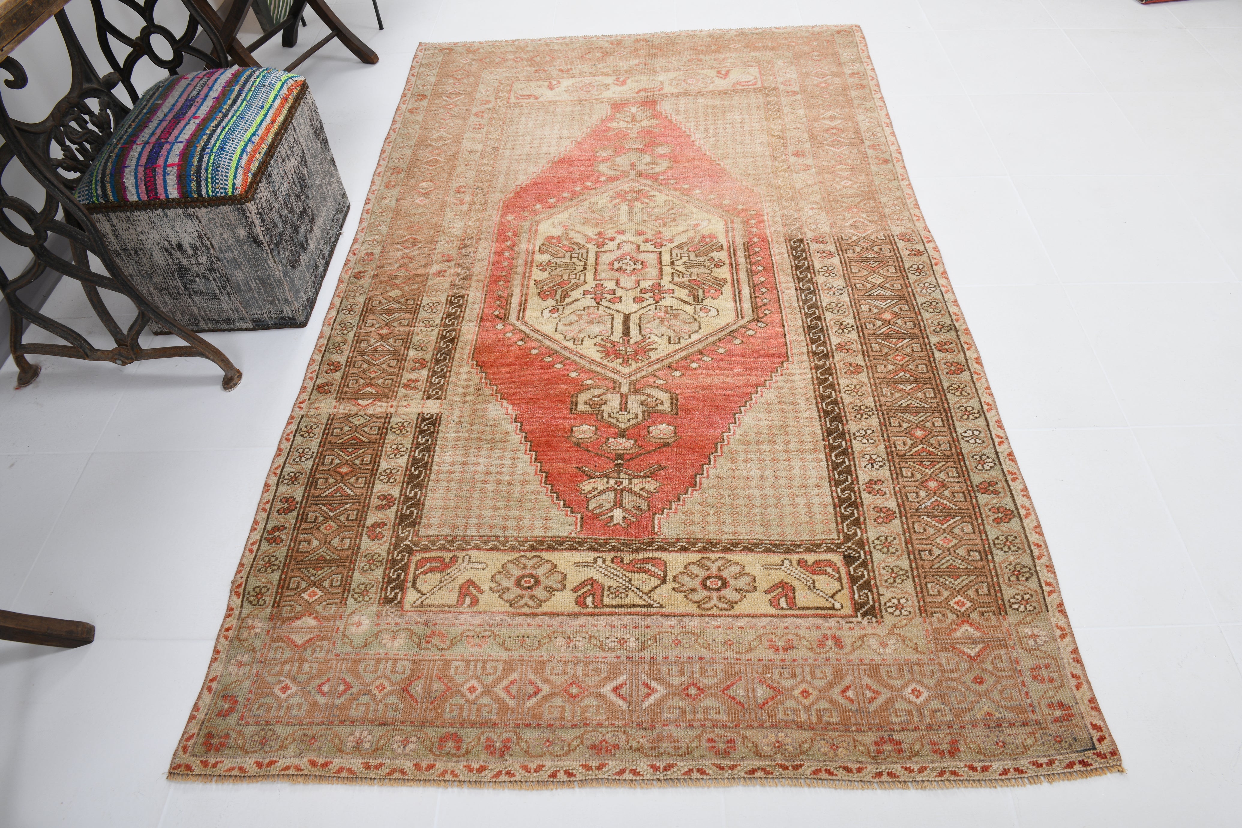 Semi Antiuqe Rug - Turkish Vintage Rug,Beige/Brown,  4'7" x 7'6" ft