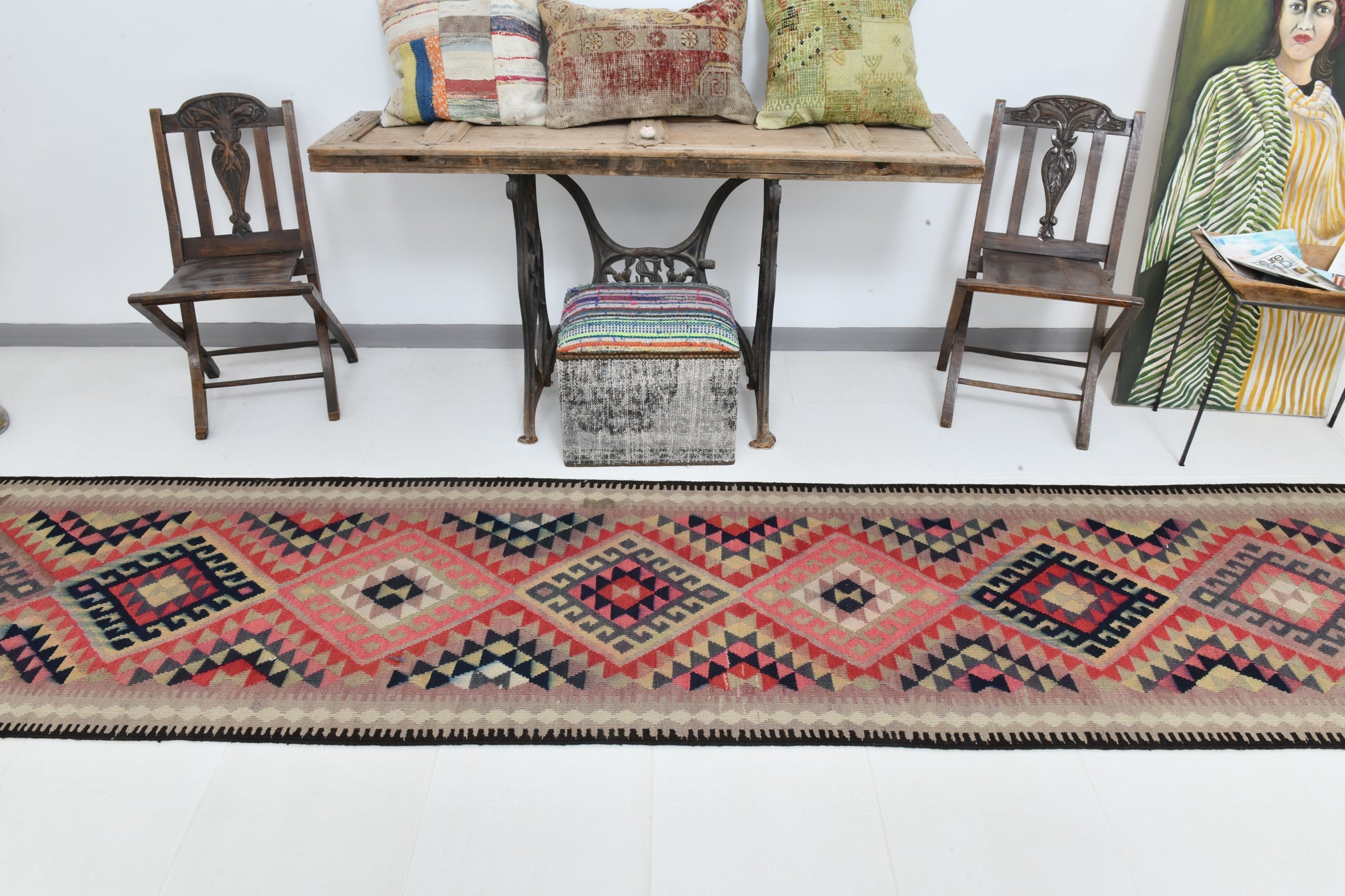 Vintage Kilim Runner Geometric Anatolian Kilim 2'9" x 12'9" ft