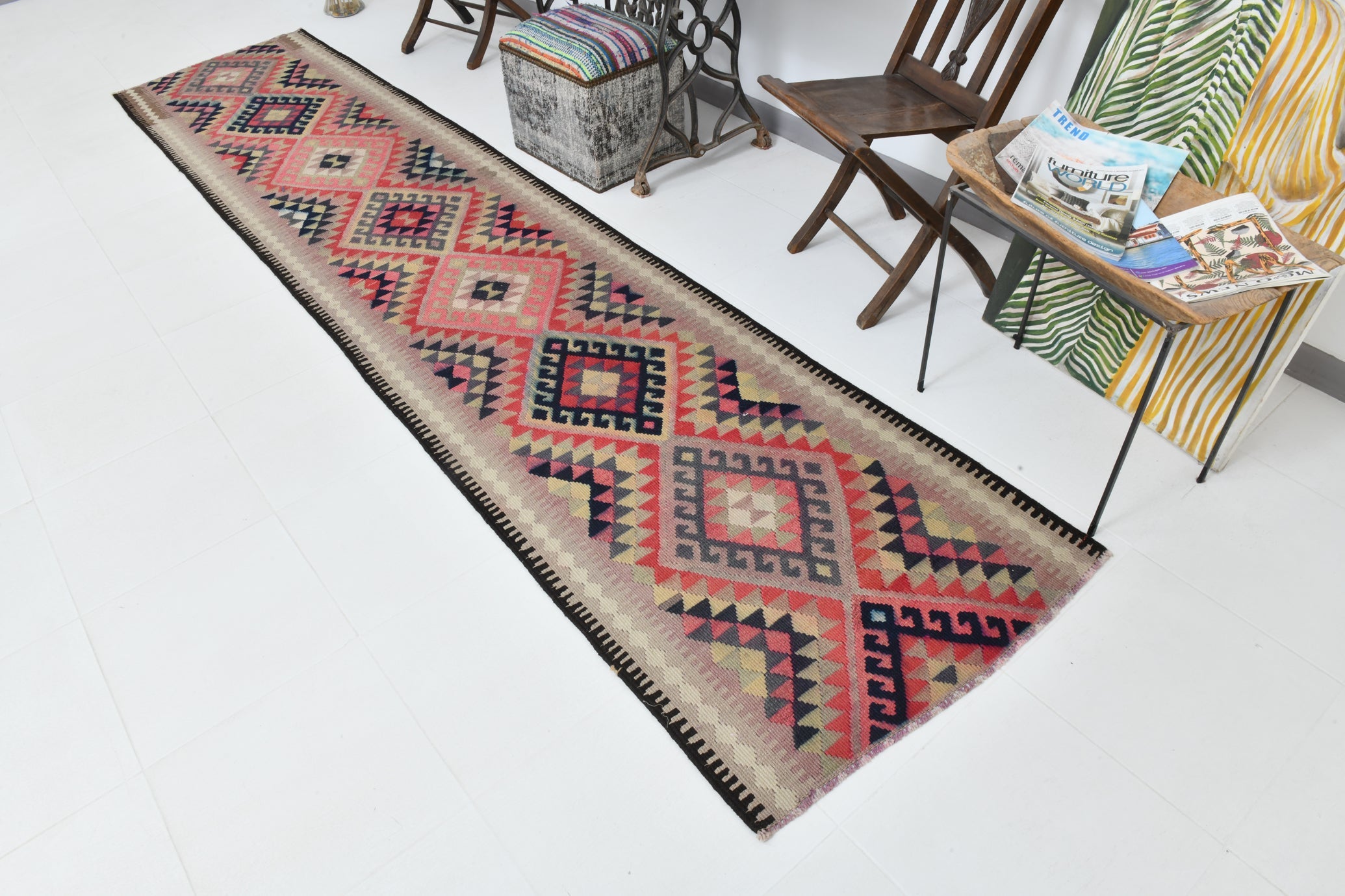 Vintage Kilim Runner Geometric Anatolian Kilim 2'9" x 12'9" ft