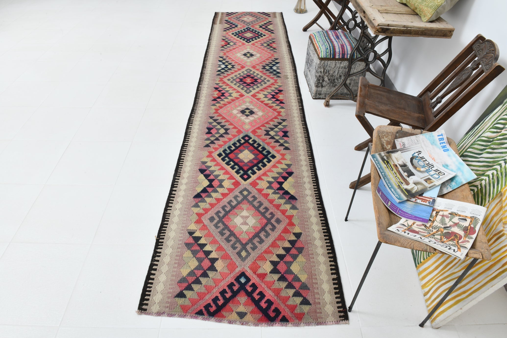 Vintage Kilim Runner Geometric Anatolian Kilim 2'9" x 12'9" ft