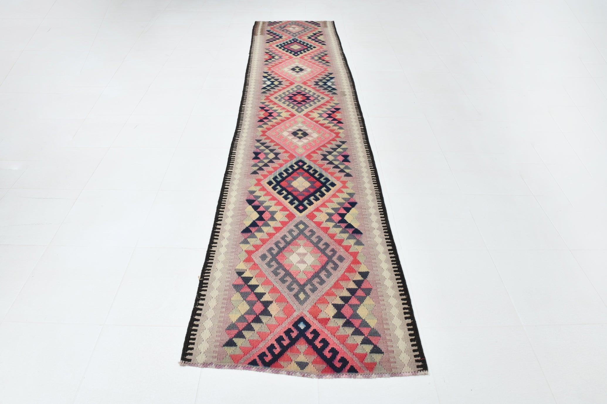 Vintage Kilim Runner Geometric Anatolian Kilim 2'9" x 12'9" ft