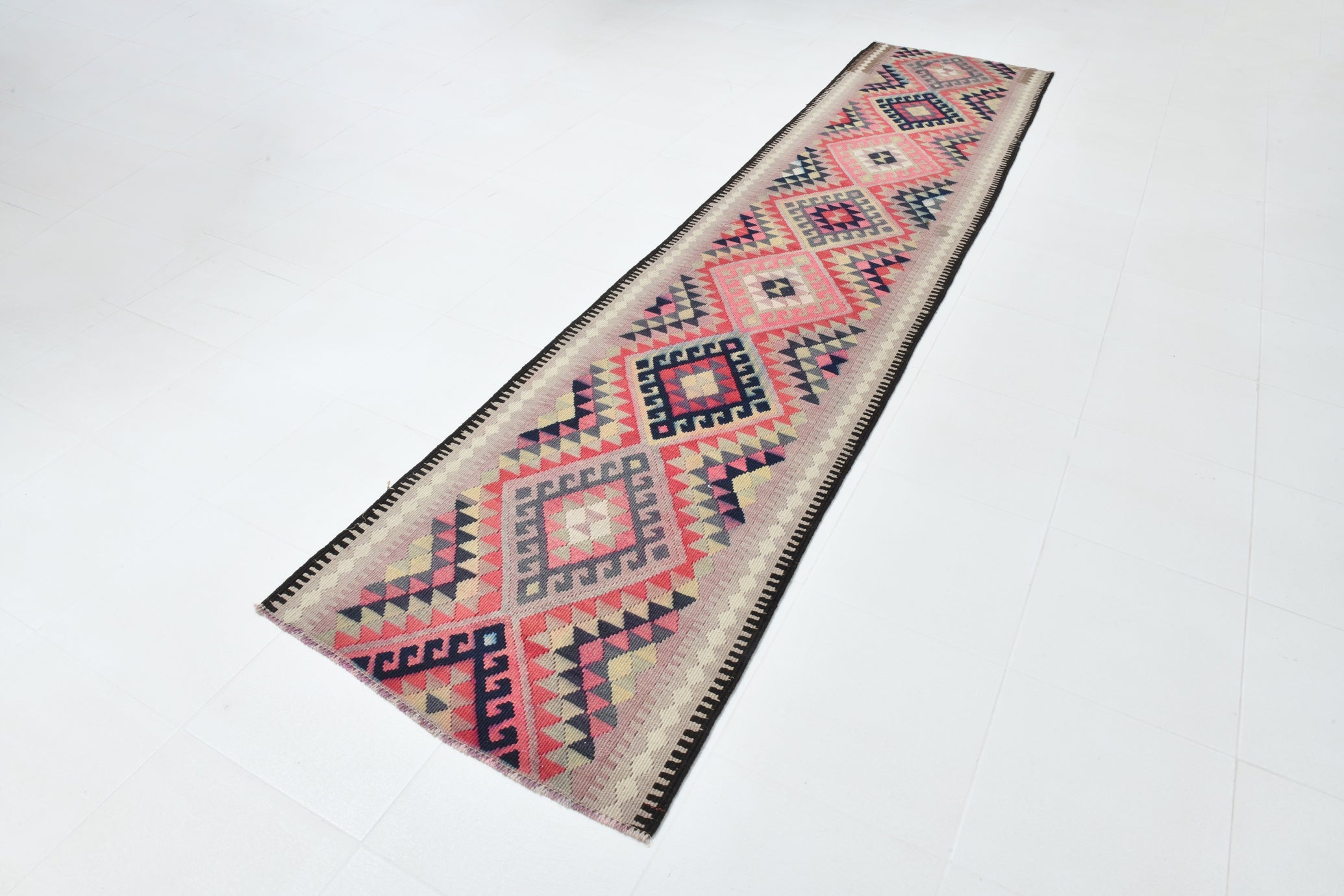 Vintage Kilim Runner Geometric Anatolian Kilim 2'9" x 12'9" ft