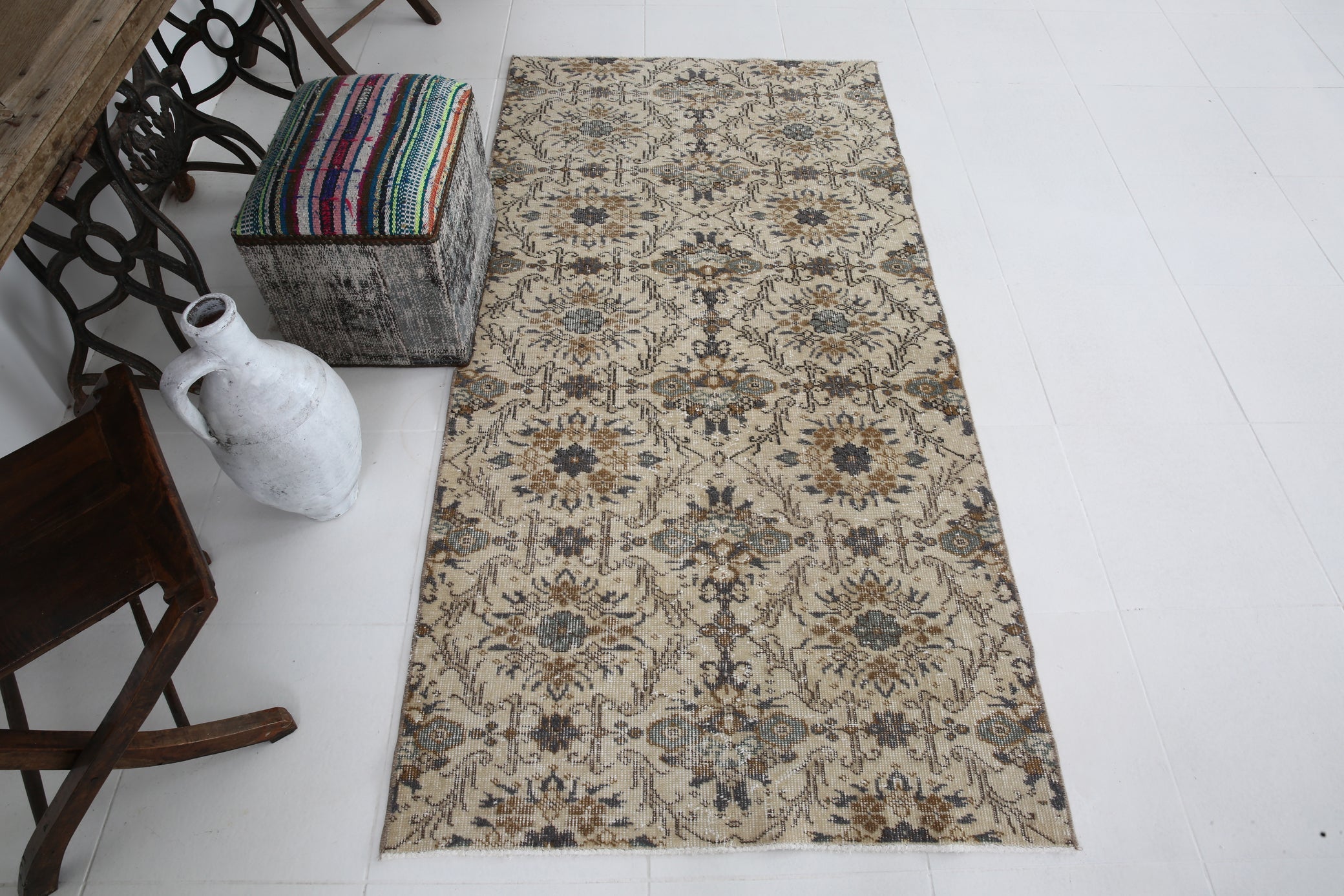 Hand-Made Turkish Vintage Rug 3'4" x 6'9" ft Mini Rug
