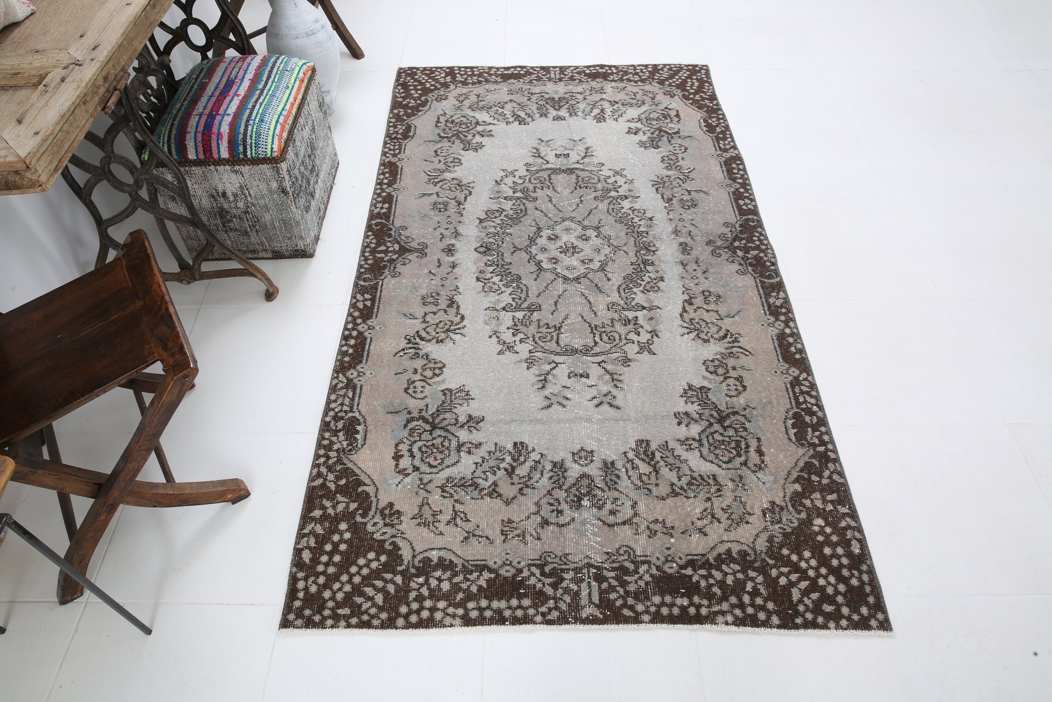 Distressed Vintage Turkish Area Rug with Floral Design 3'10" x 6'10" ft,Black