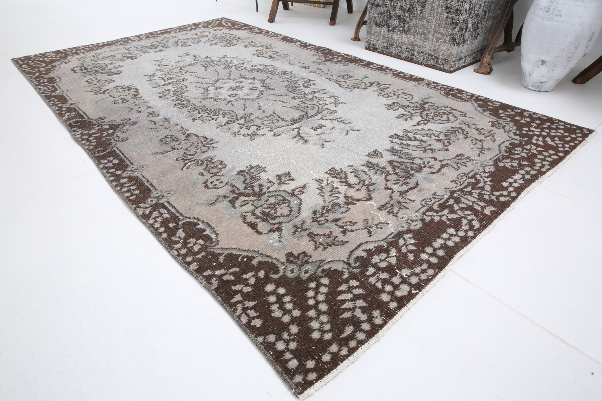 Distressed Vintage Turkish Area Rug with Floral Design 3'10" x 6'10" ft,Black