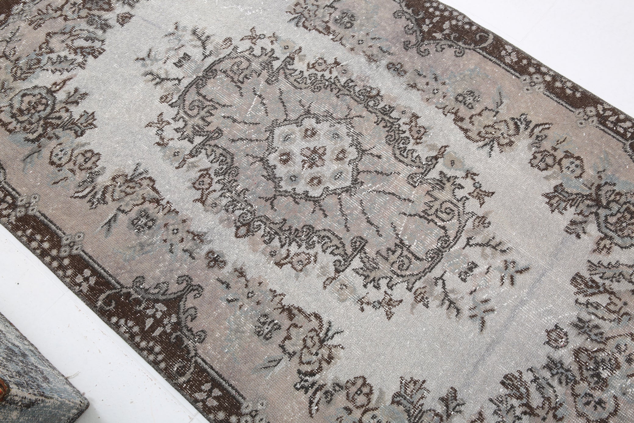 Distressed Vintage Turkish Area Rug with Floral Design 3'10" x 6'10" ft,Black
