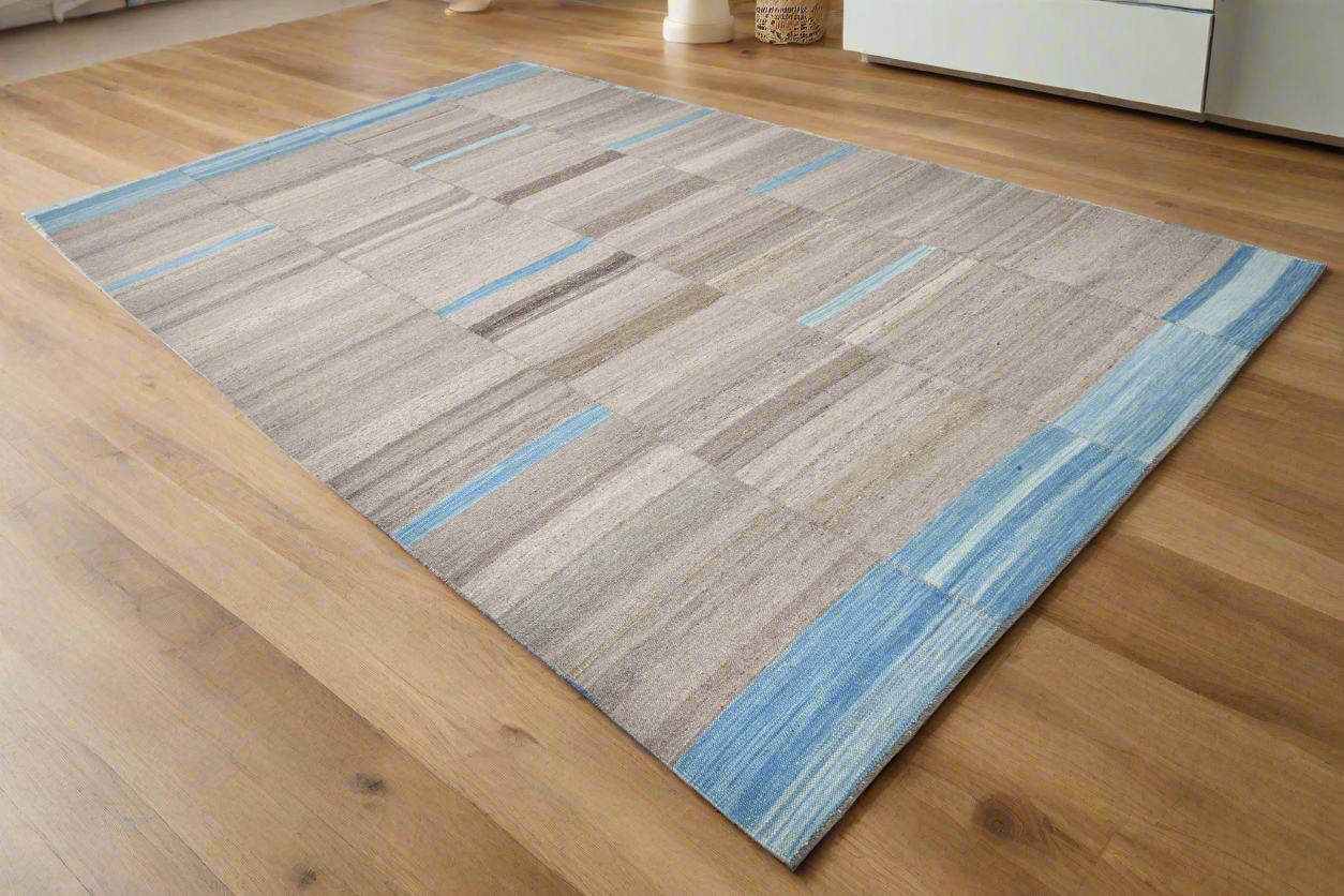 Blue Grey Striped Kilim Wool Area Rug 8'4" x 13'2" ft