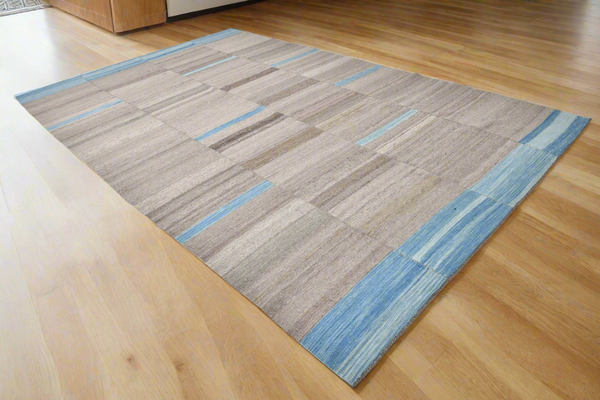 Blue Grey Striped Kilim Wool Area Rug 8'4" x 13'2" ft