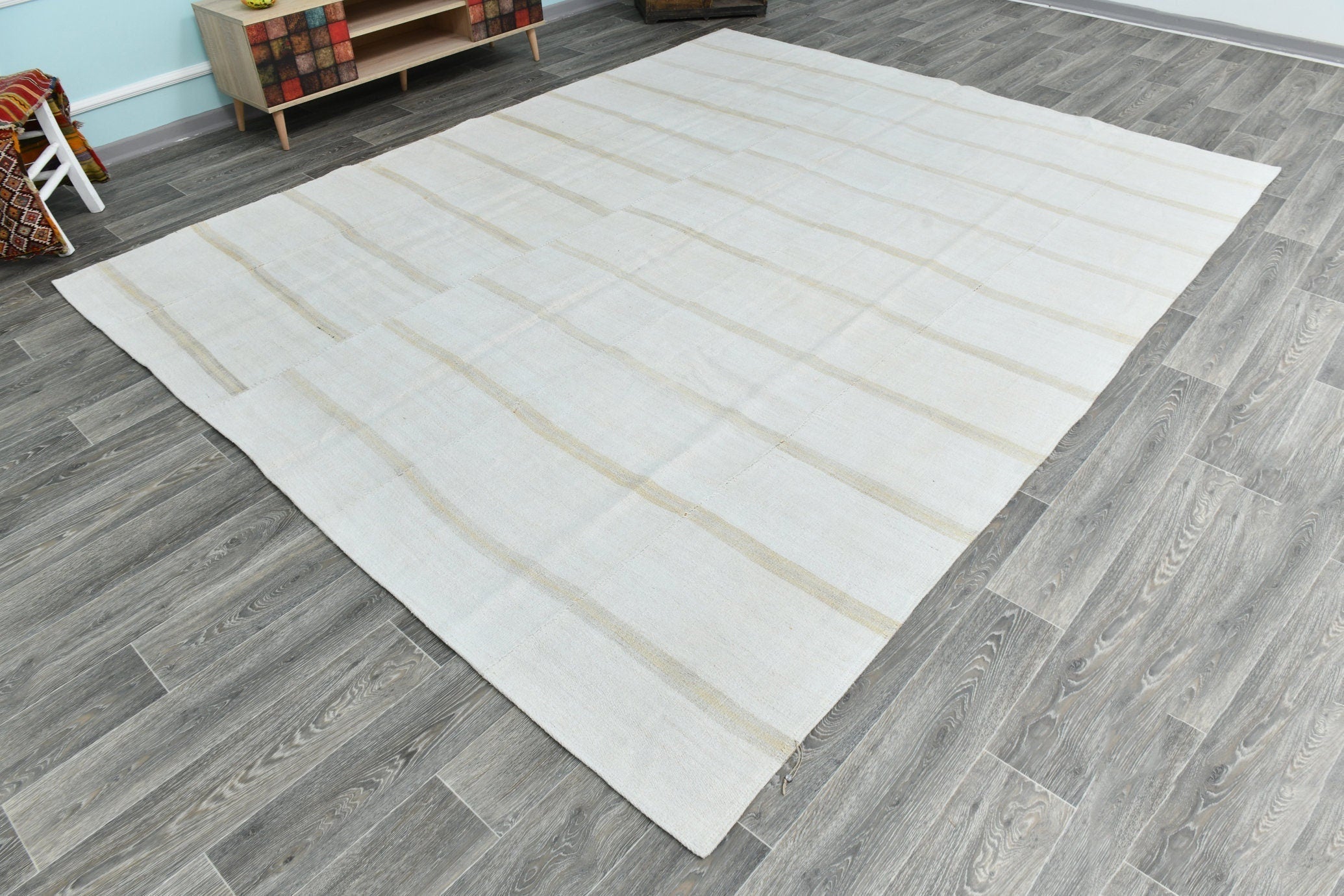 Vintage Hemp Old Kilim Area Rug – 8'10"×10'11" Off‑White Grid
