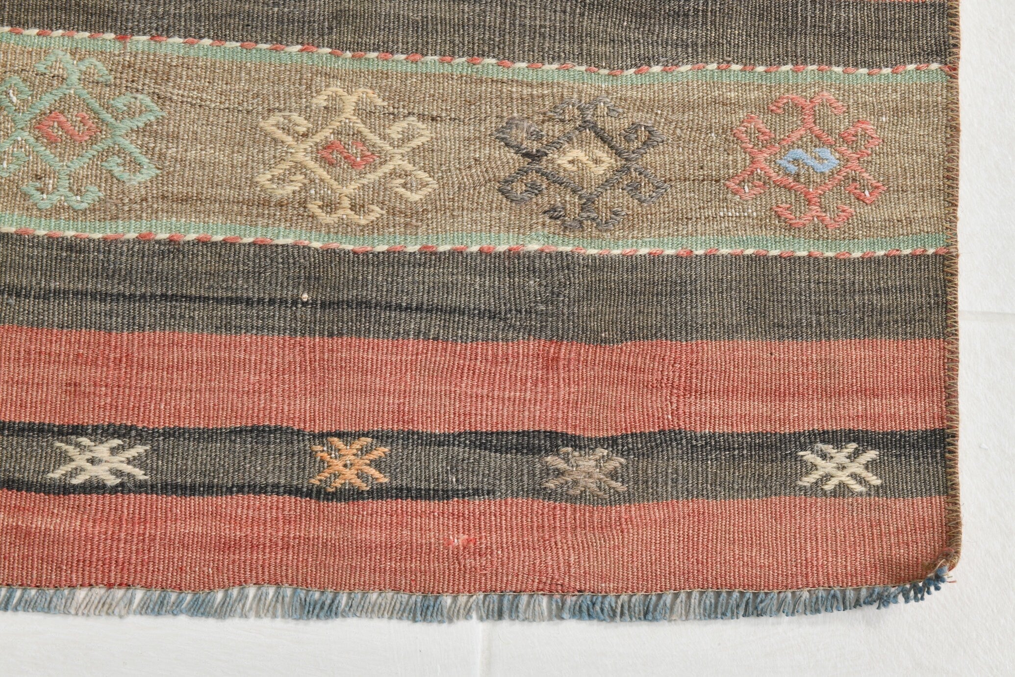 Turkish Kilim Old Rug 2’10’ x 11’9’ Red Brown Striped Anatolian