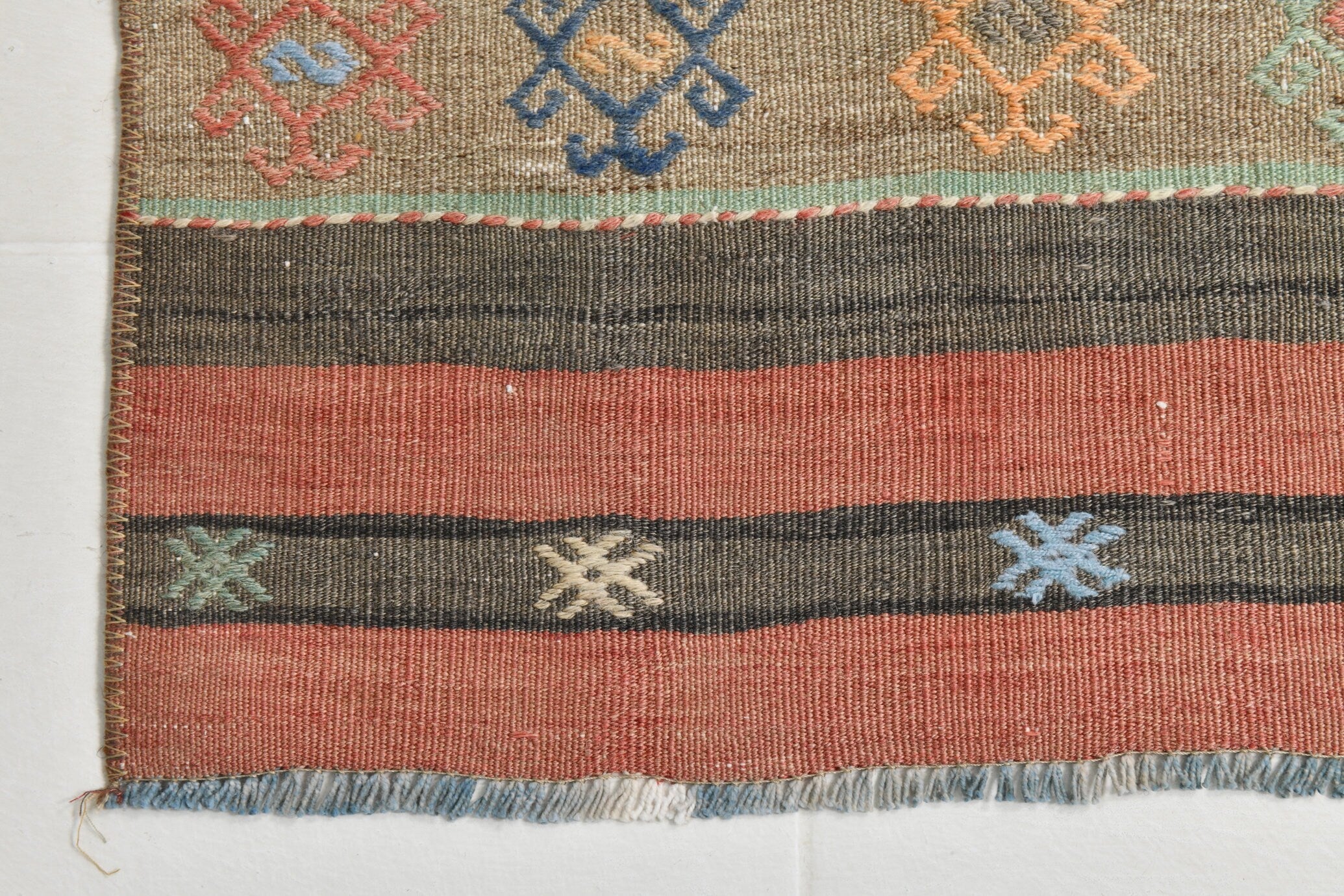 Turkish Kilim Old Rug 2’10’ x 11’9’ Red Brown Striped Anatolian