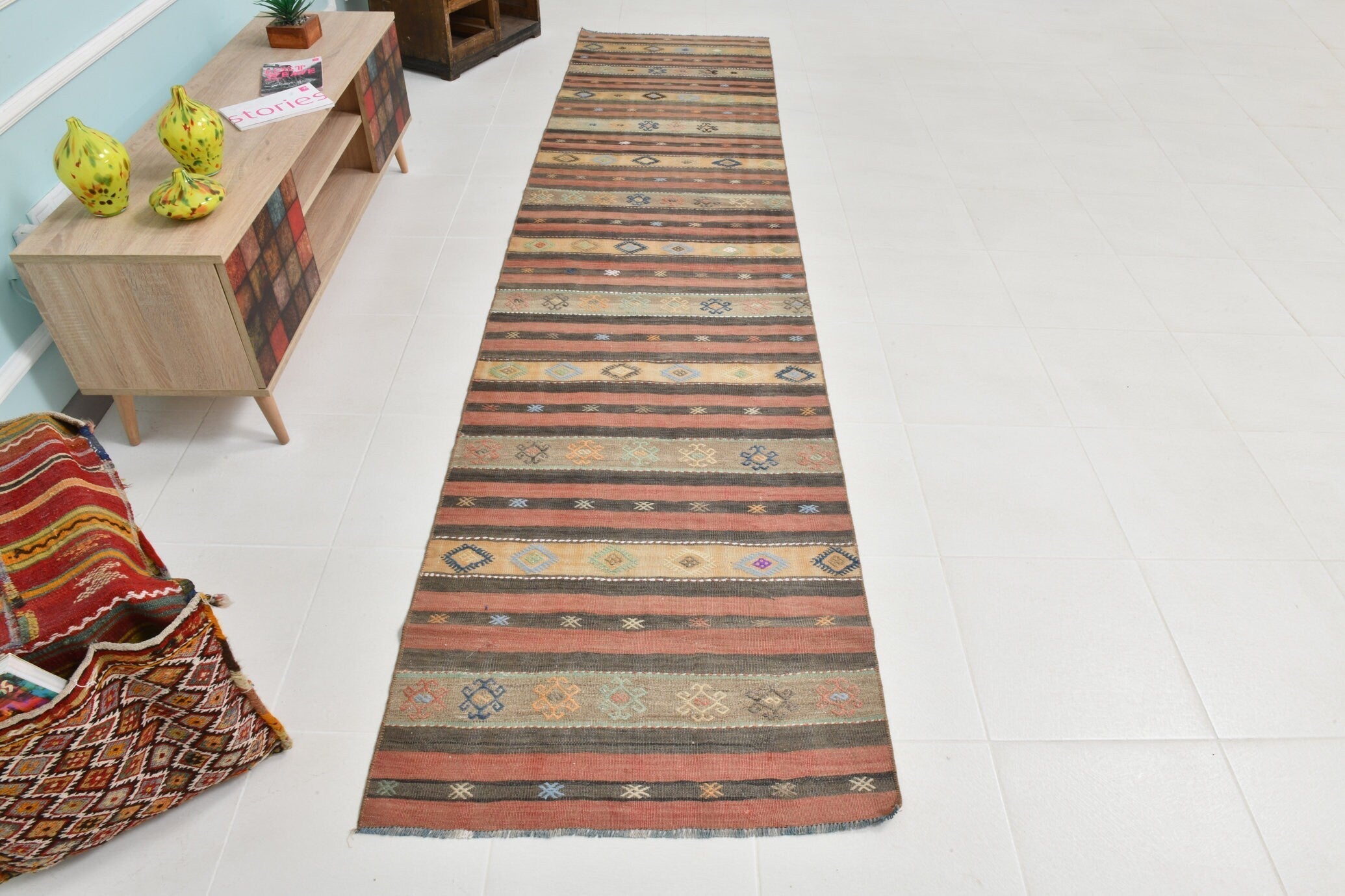 Turkish Kilim Old Rug 2’10’ x 11’9’ Red Brown Striped Anatolian
