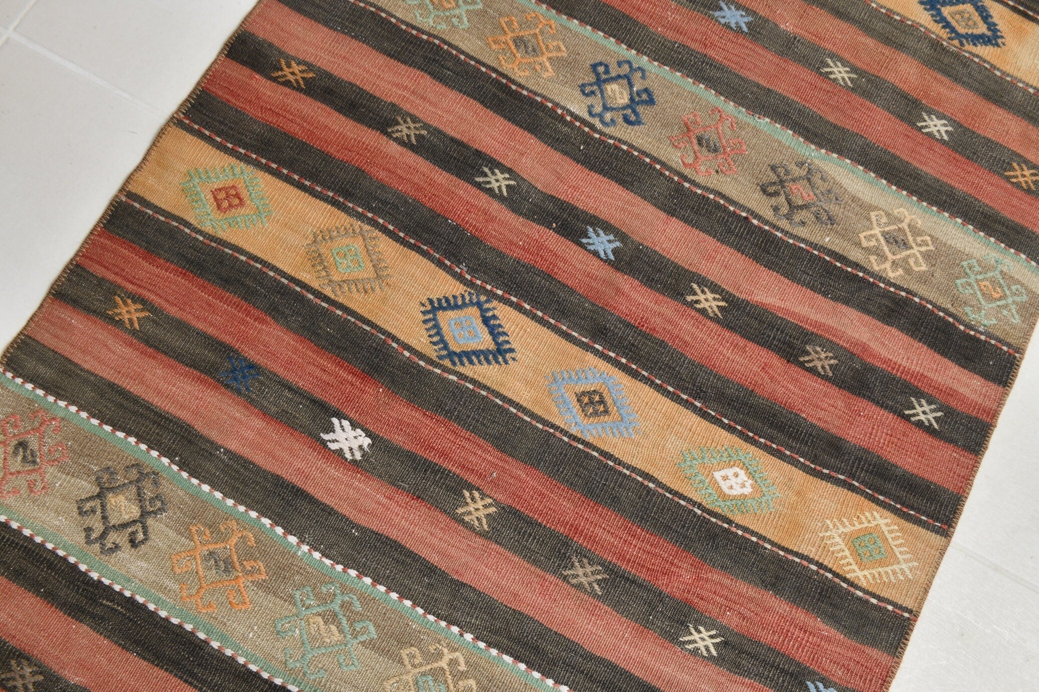 Turkish Kilim Old Rug 2’10’ x 11’9’ Red Brown Striped Anatolian