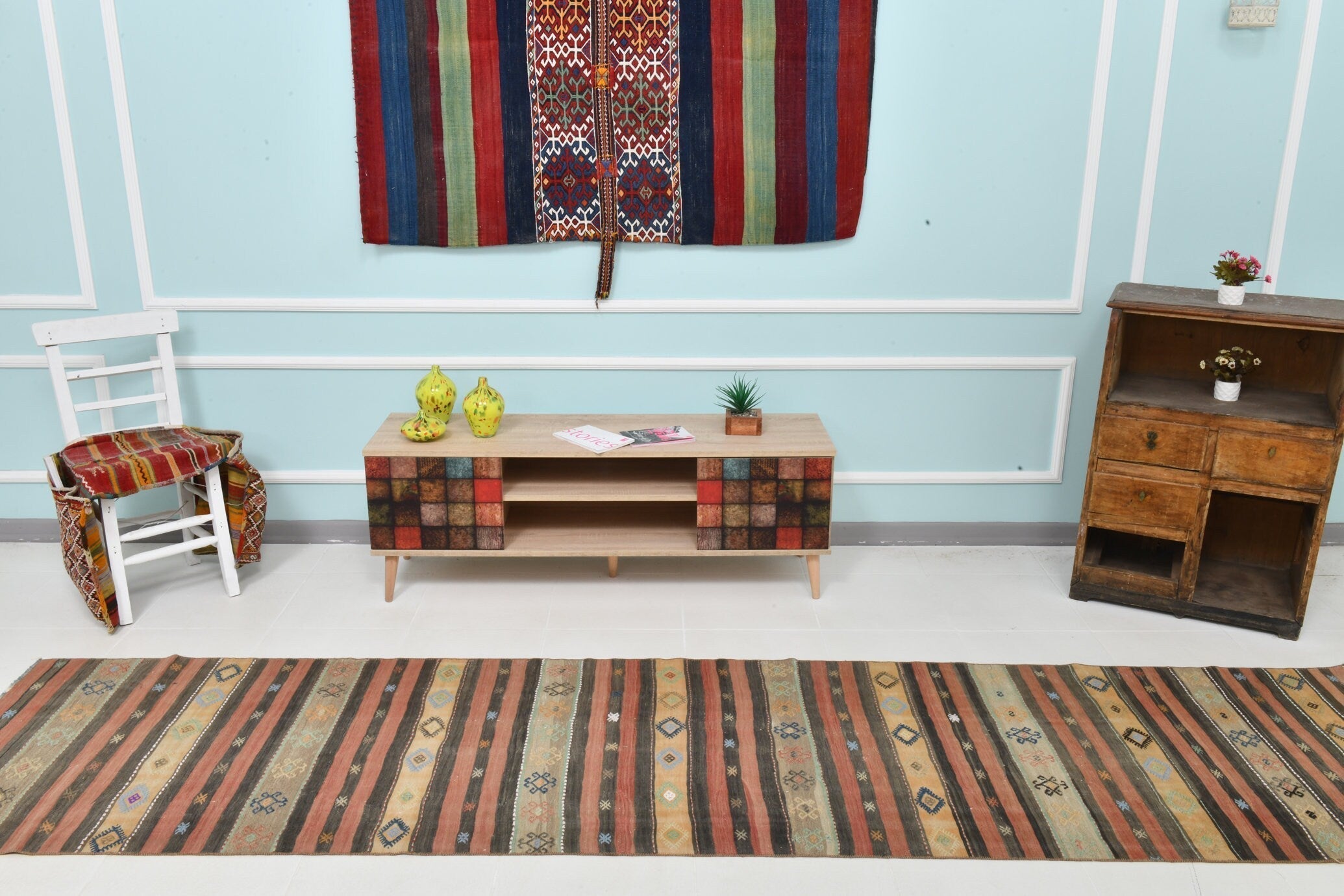 Turkish Kilim Old Rug 2’10’ x 11’9’ Red Brown Striped Anatolian