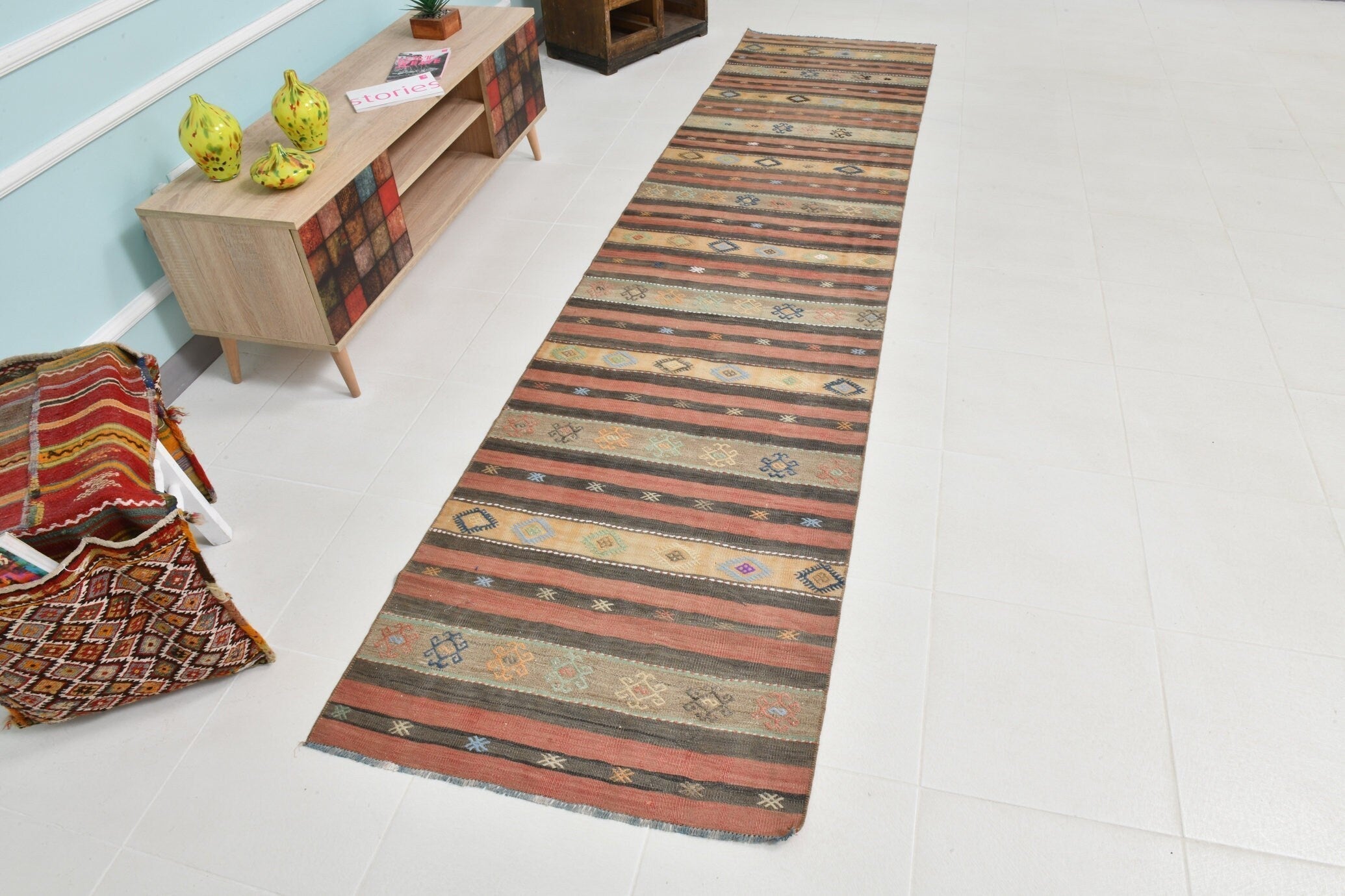 Turkish Kilim Old Rug 2’10’ x 11’9’ Red Brown Striped Anatolian