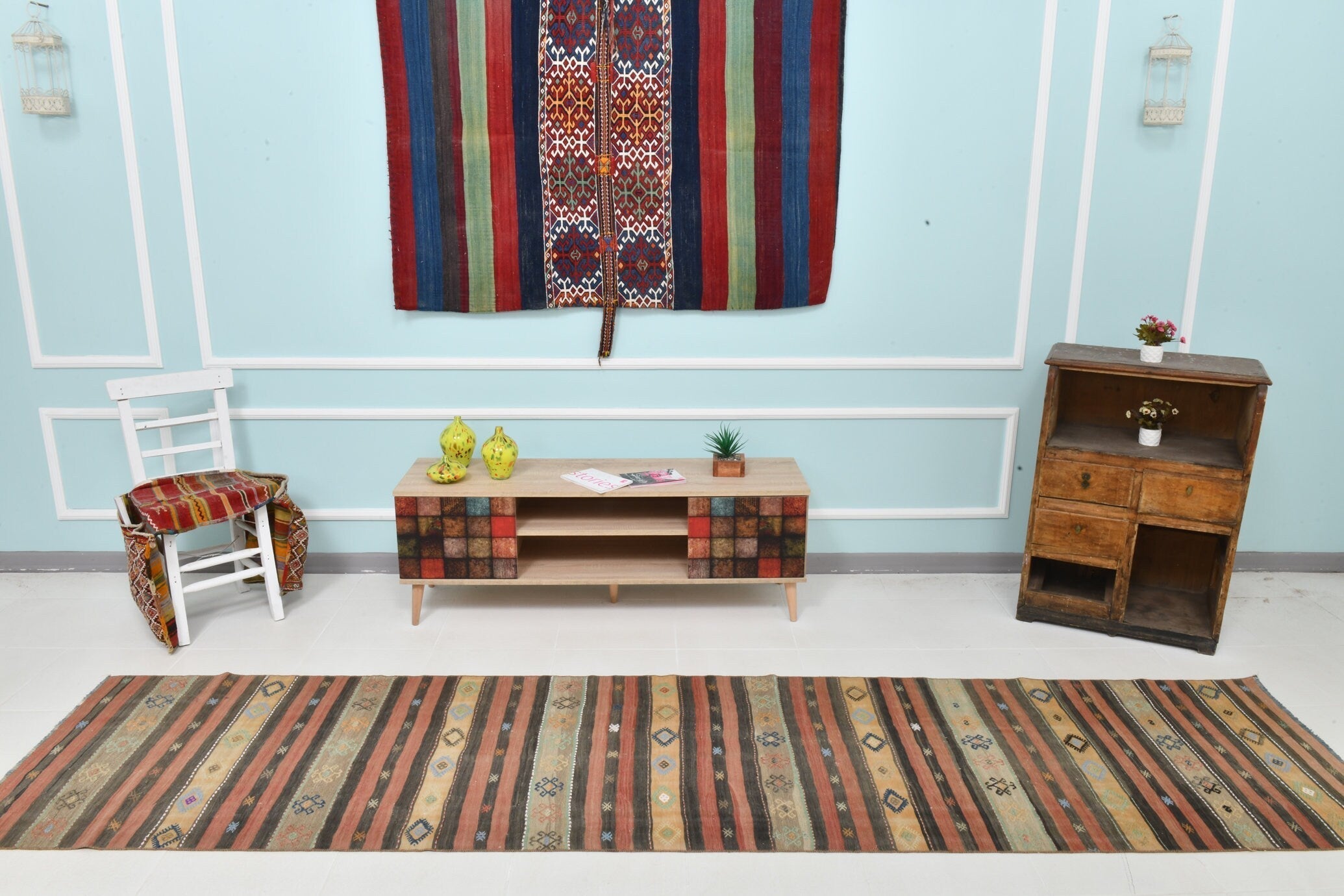 Turkish Kilim Old Rug 2’10’ x 11’9’ Red Brown Striped Anatolian