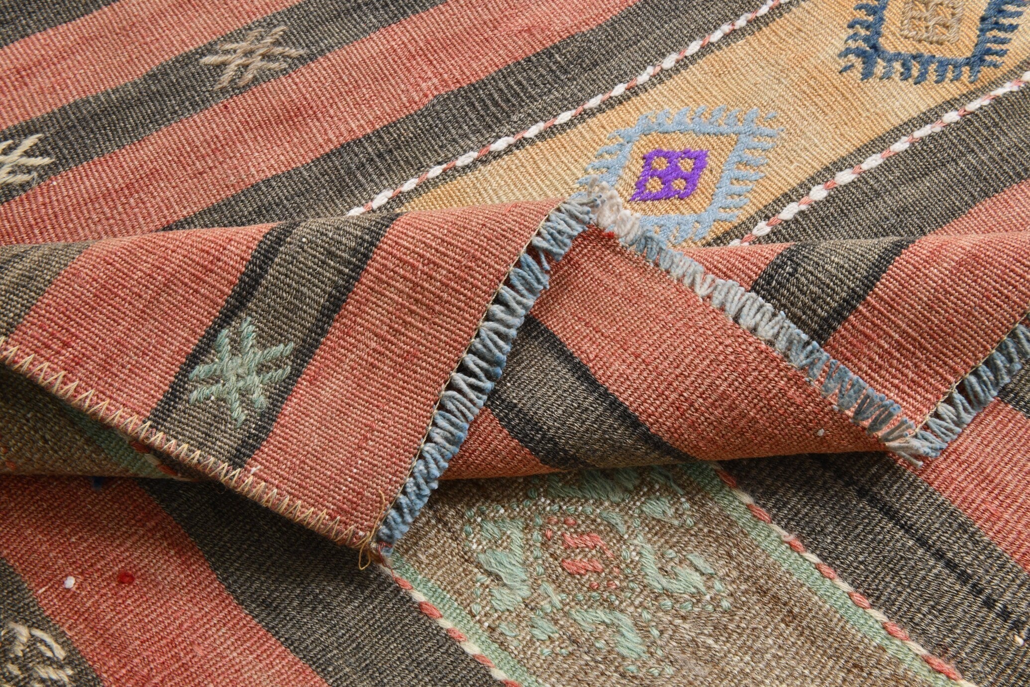 Turkish Kilim Old Rug 2’10’ x 11’9’ Red Brown Striped Anatolian