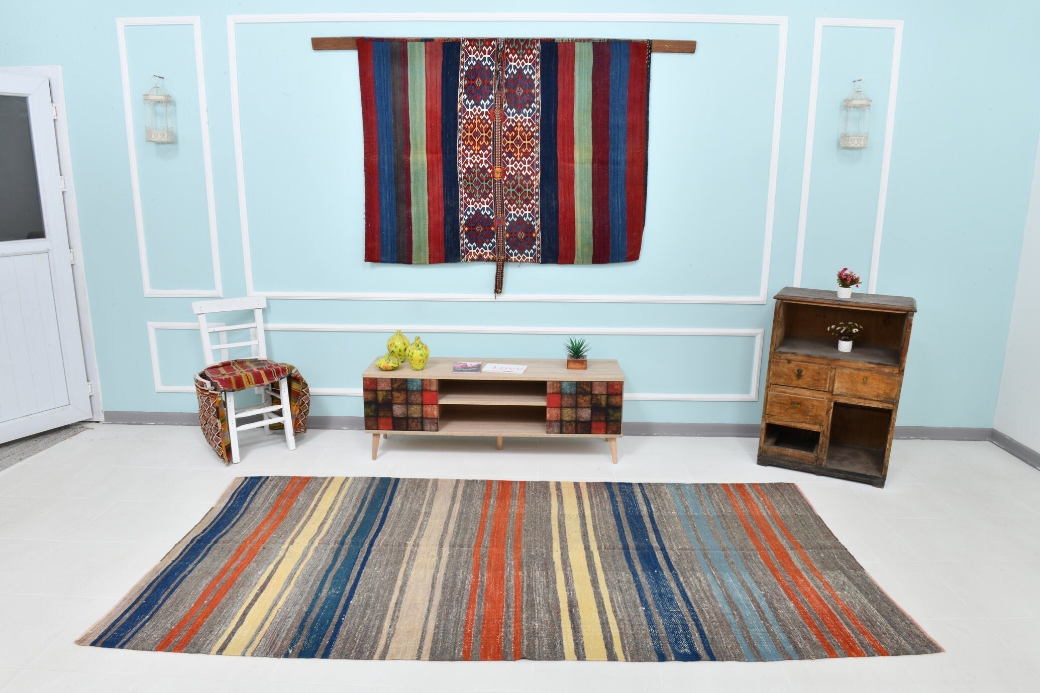 Turkish Kilim Old Rug 4’8’ x 9’4’