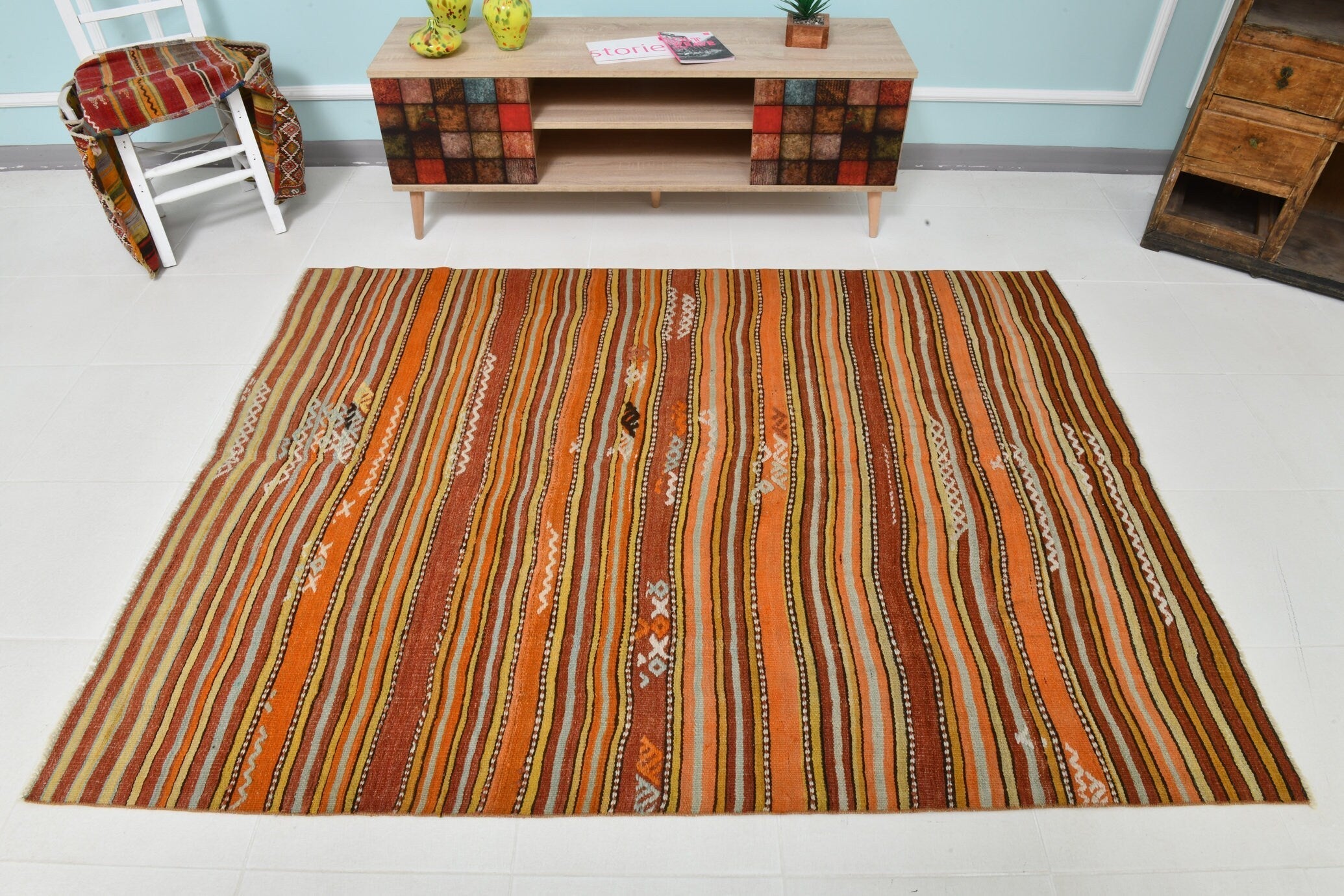 Turkish Kilim Old Rug 5’1’’ x 6’9’’
