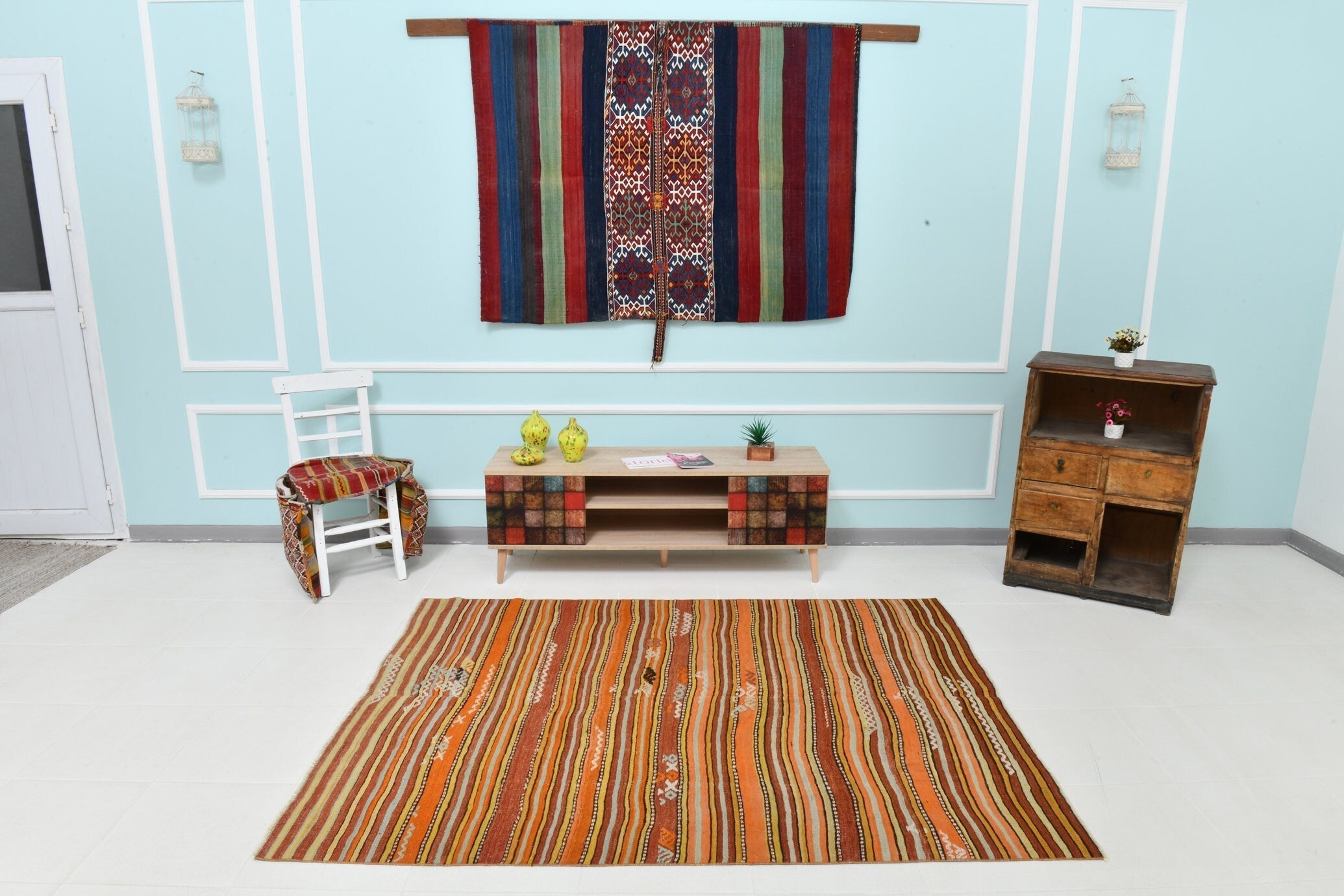 Turkish Kilim Old Rug 5’1’’ x 6’9’’