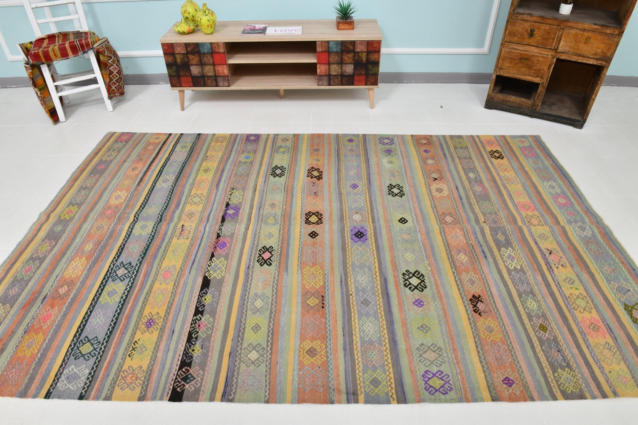 Turkish Kilim Old Rug 9’2’ x 5’10’