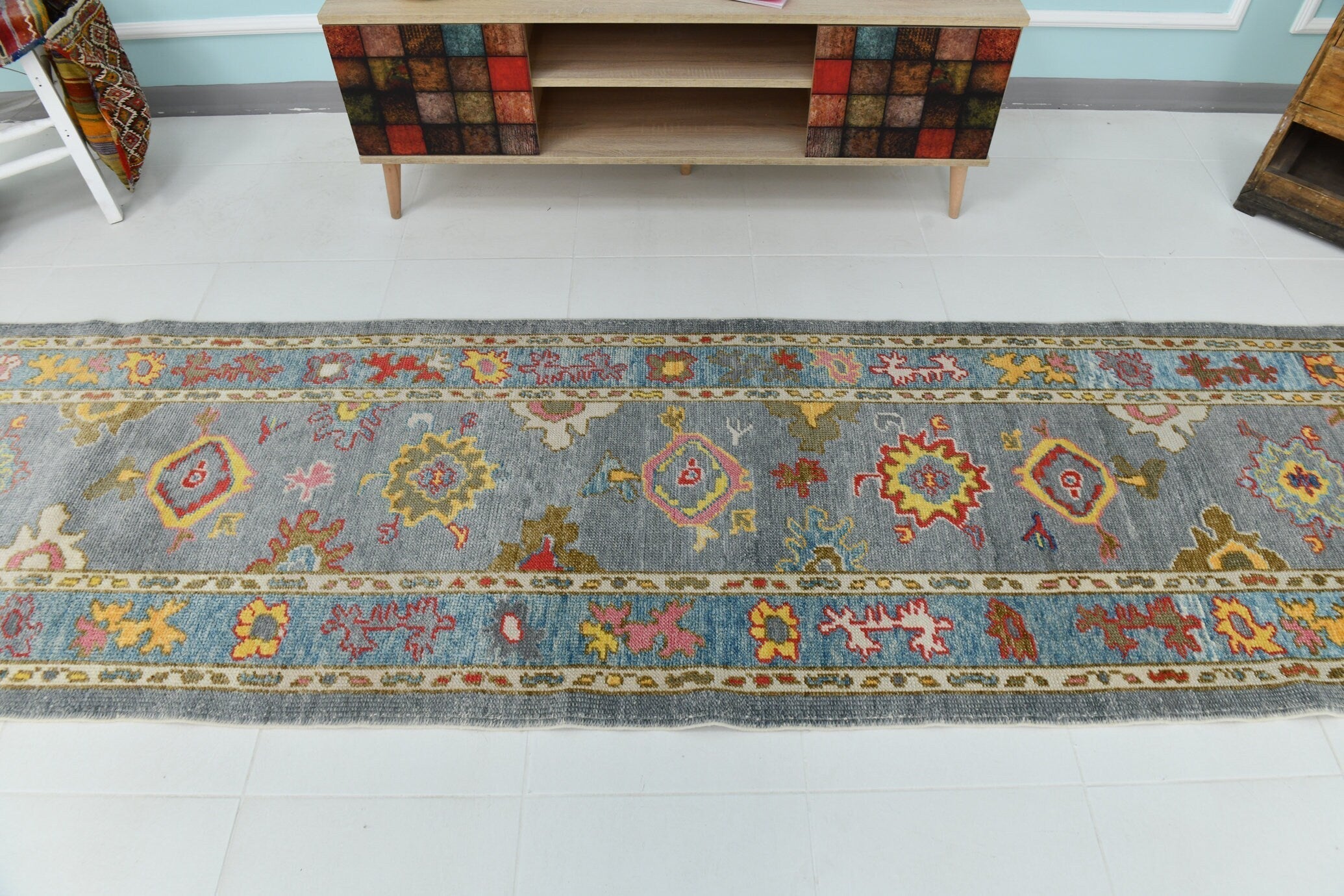 Turkish Vintage Oushak Rug 12’4’ x 2’11’
