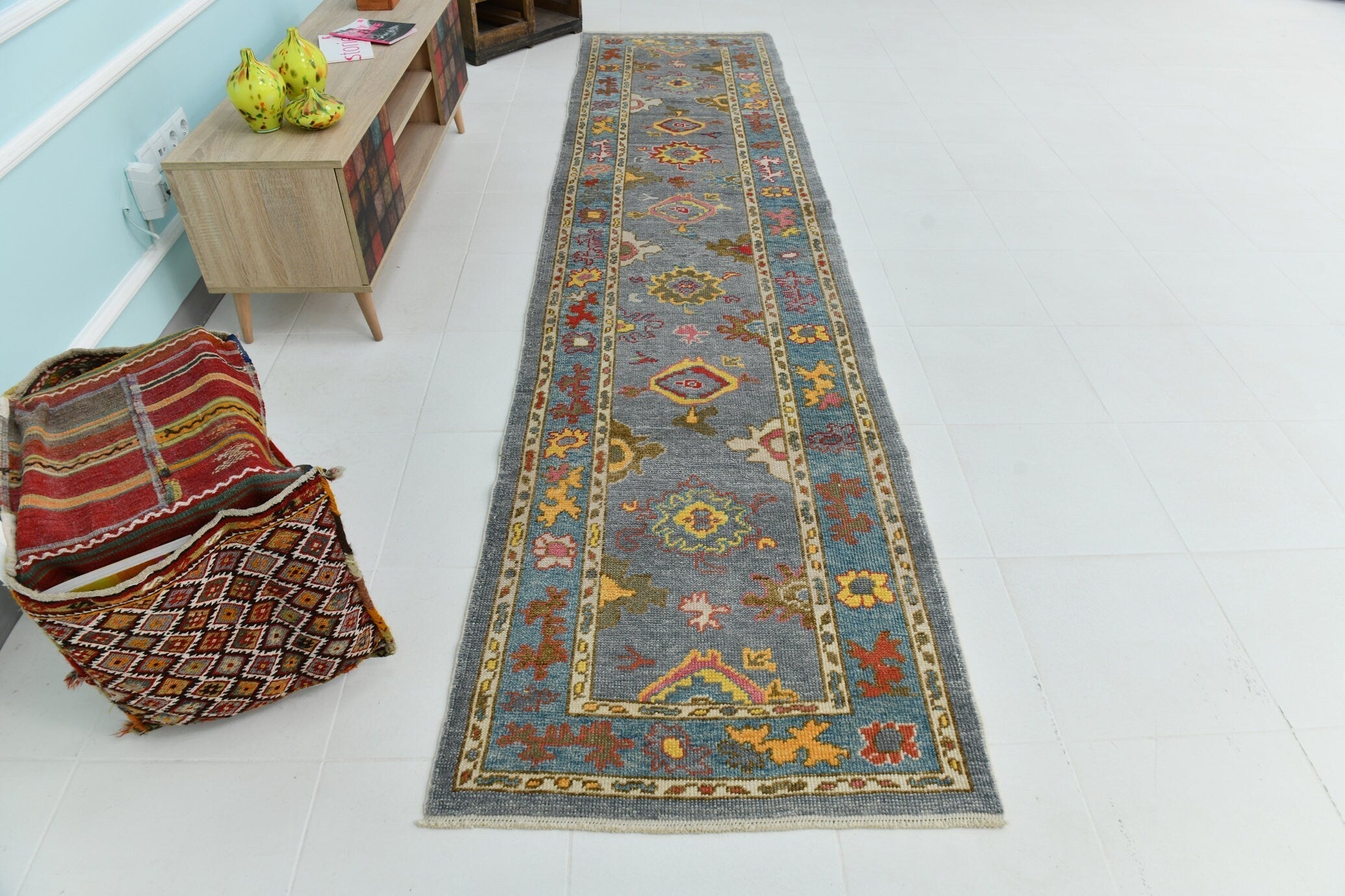 Turkish Vintage Oushak Rug 12’4’ x 2’11’