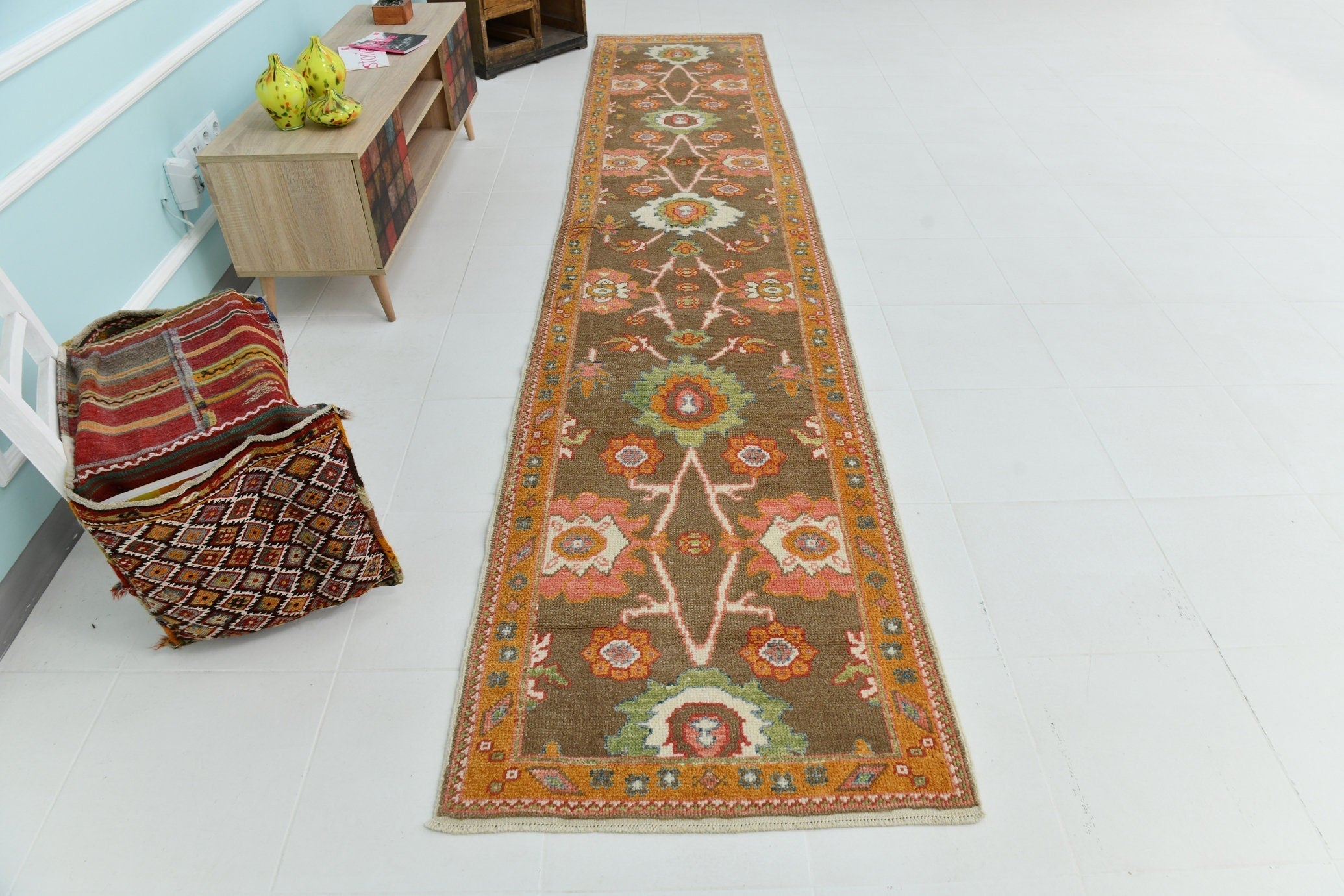 Turkish Vintage Oushak Rug 13’8’ x 2’10’