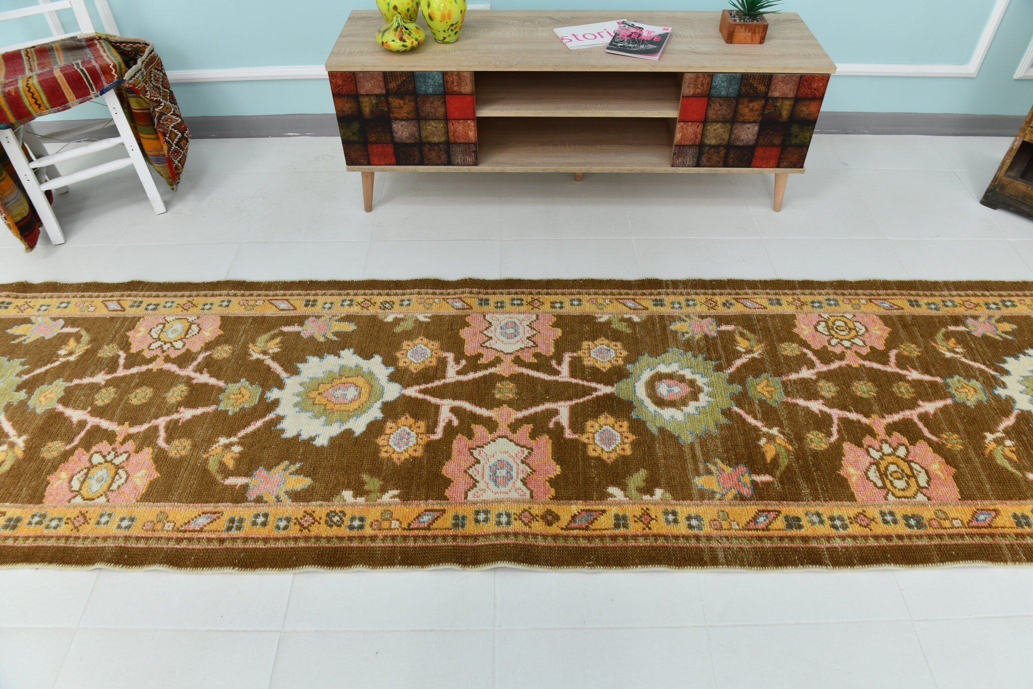 Turkish Vintage Oushak Rug 2’11’ x 13’2’